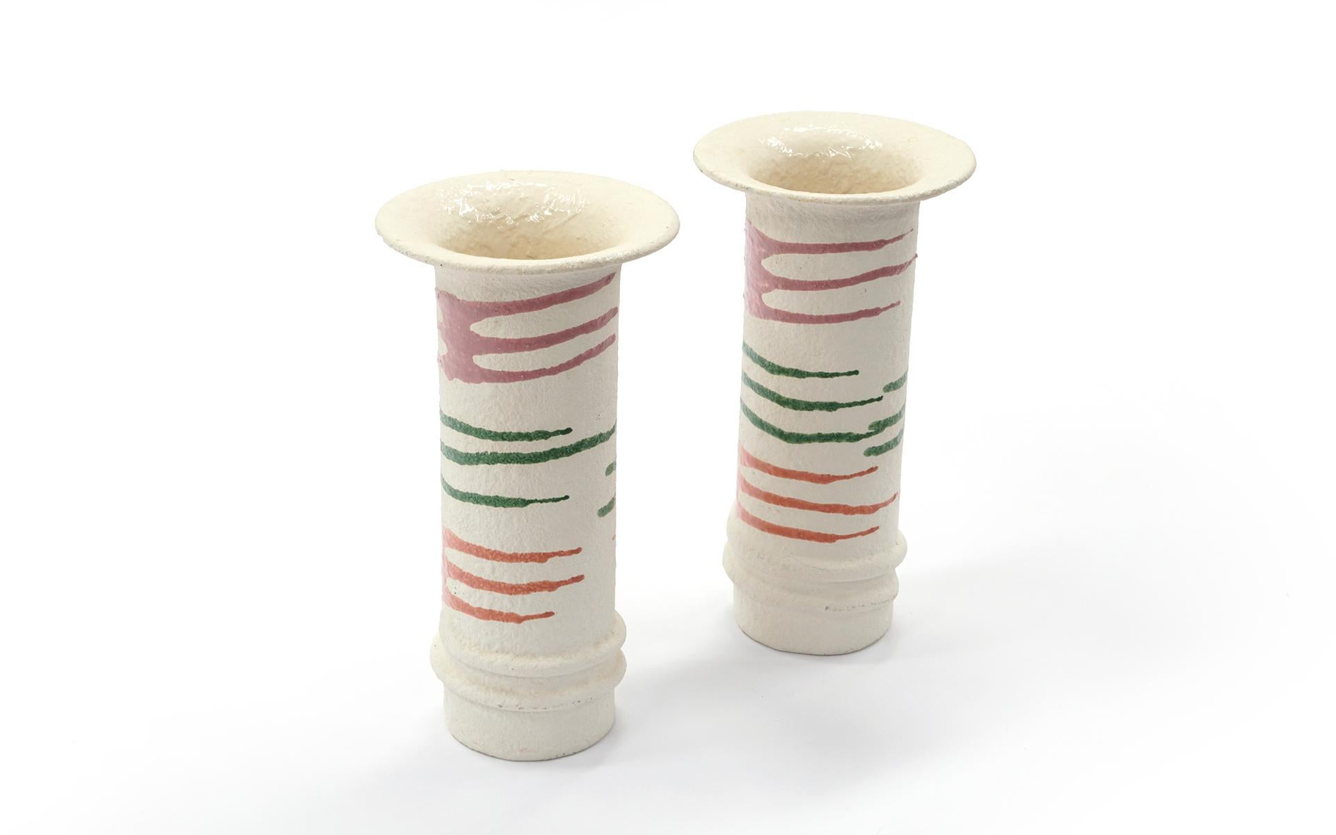 Pair of Ceramic Vases, Textured White with Orange, Green and Red, 1980s In Excellent Condition In Kansas City, MO
