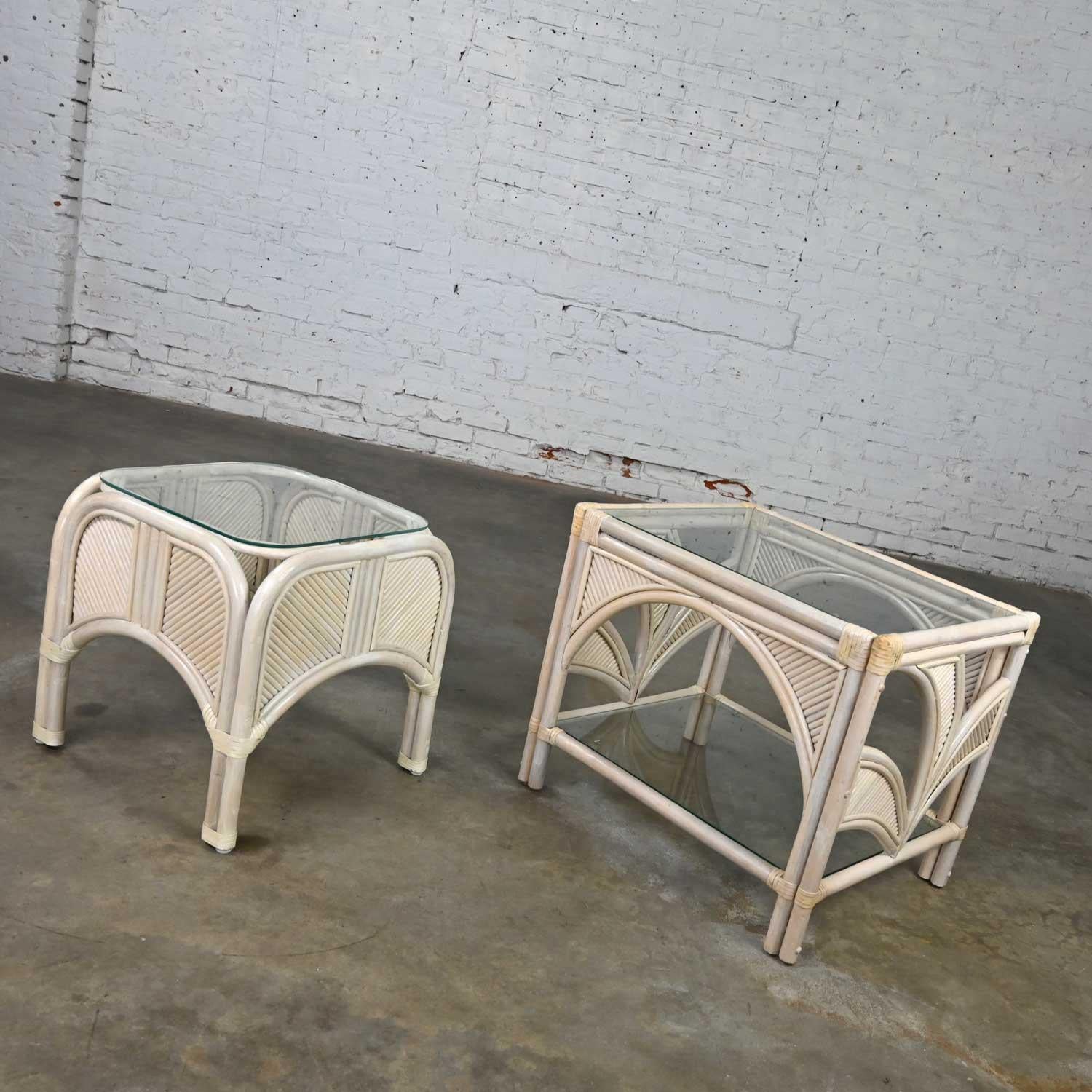 Pair Cerused Reeded Rattan End Tables Glass Tops Organic Modern Palm Leaf Design For Sale 5
