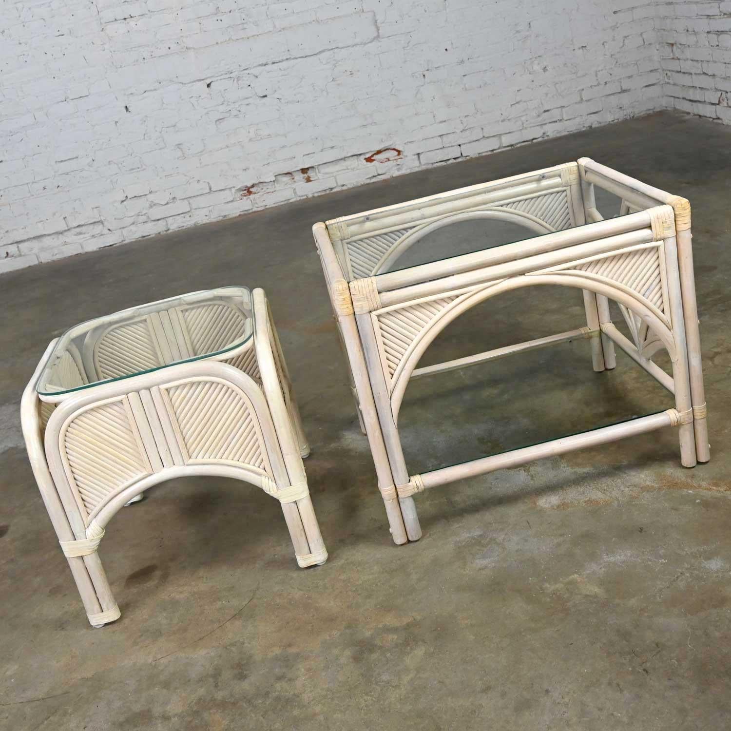 Unknown Pair Cerused Reeded Rattan End Tables Glass Tops Organic Modern Palm Leaf Design For Sale