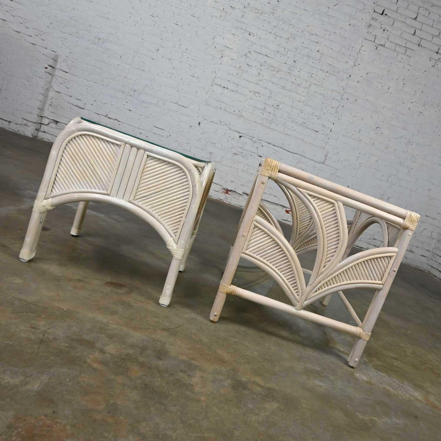 20th Century Pair Cerused Reeded Rattan End Tables Glass Tops Organic Modern Palm Leaf Design For Sale