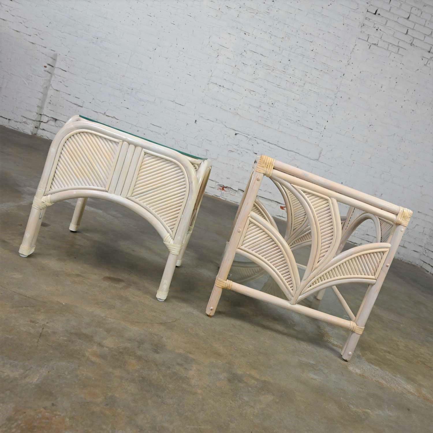 Pair Cerused Reeded Rattan End Tables Glass Tops Organic Modern Palm Leaf Design For Sale 1