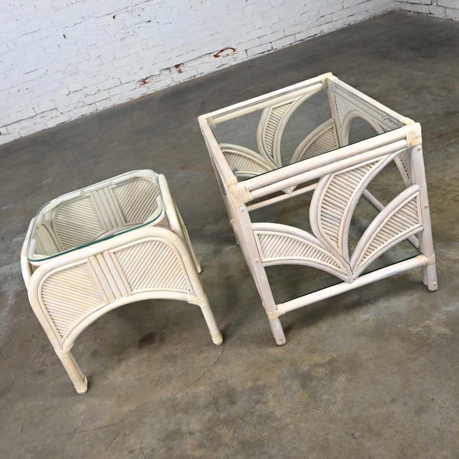Pair Cerused Reeded Rattan End Tables Glass Tops Organic Modern Palm Leaf Design For Sale 4