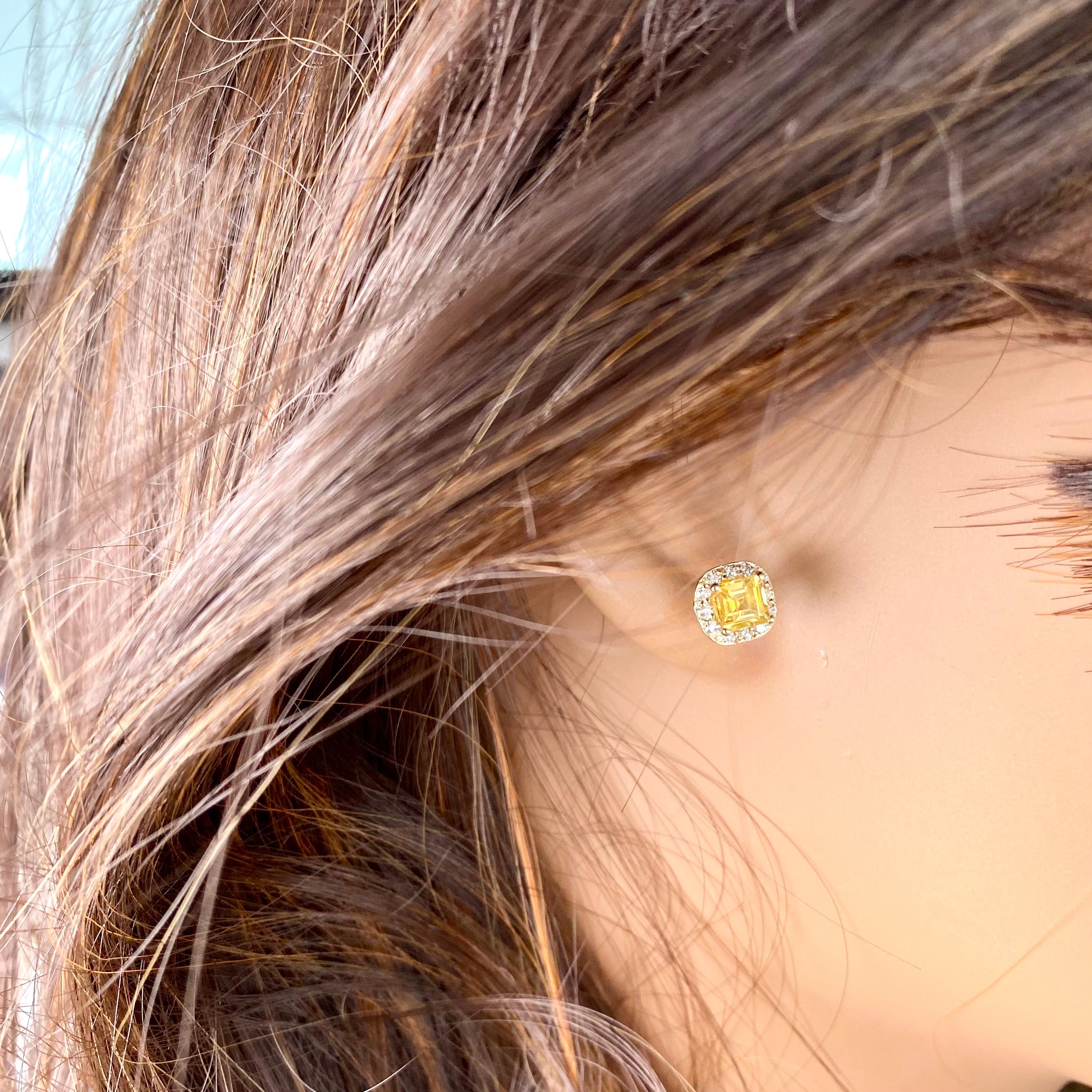 Asscher Cut Ceylon Yellow Sapphire Diamonds 1.75 Carat Halo Style Gold Asscher Earrings 