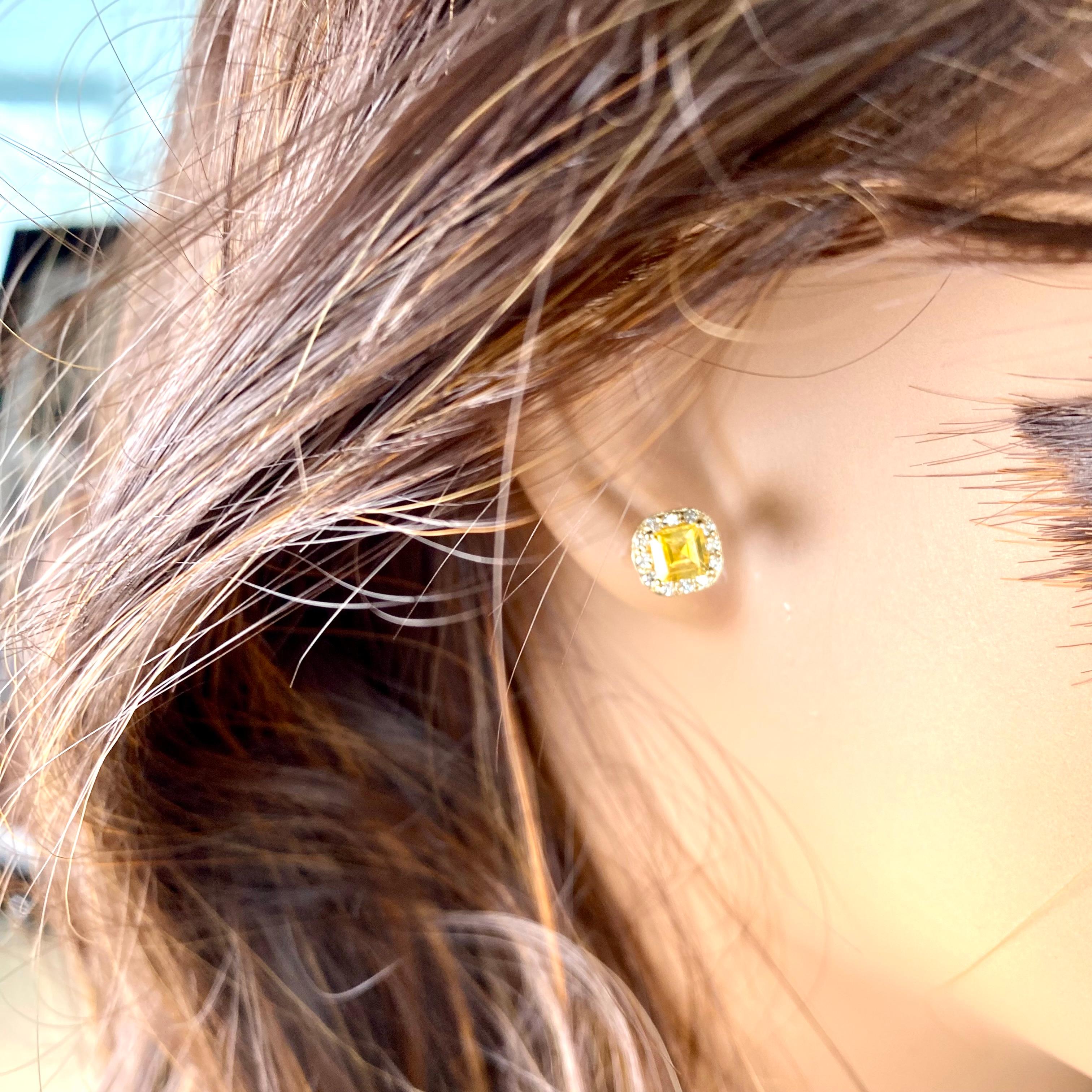Ceylon Yellow Sapphire Diamonds 1.75 Carat Halo Style Gold Asscher Earrings  3