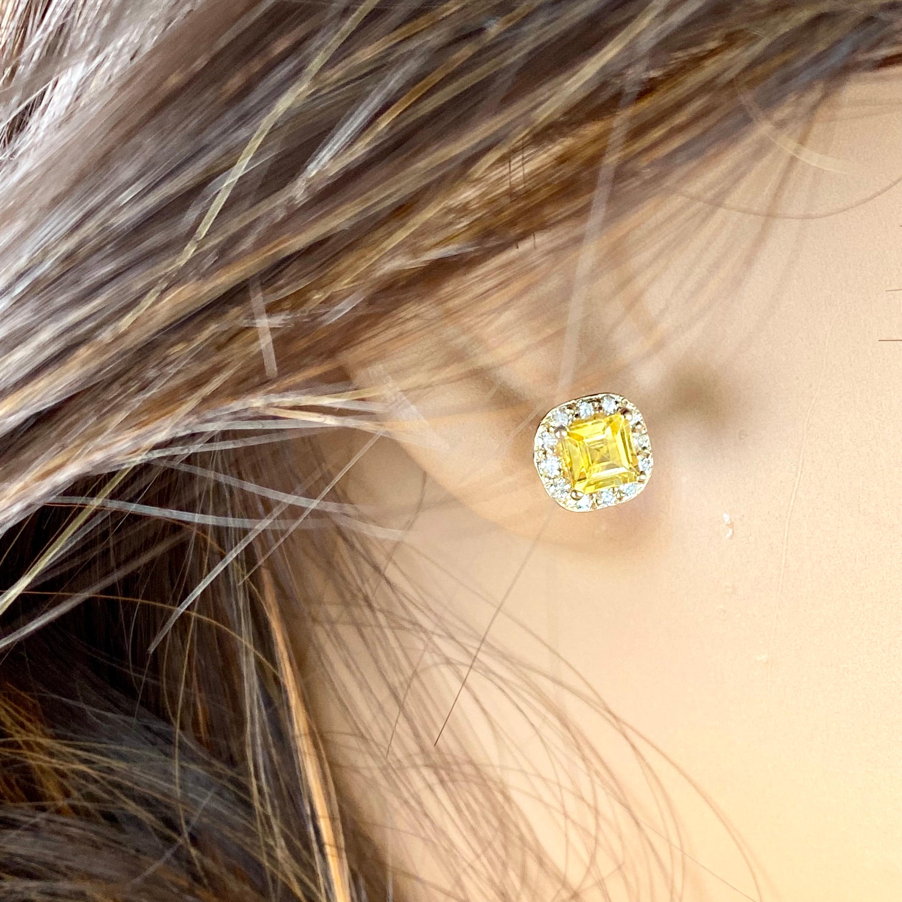 Ceylon Yellow Sapphire Diamonds 1.75 Carat Halo Style Gold Asscher Earrings  4