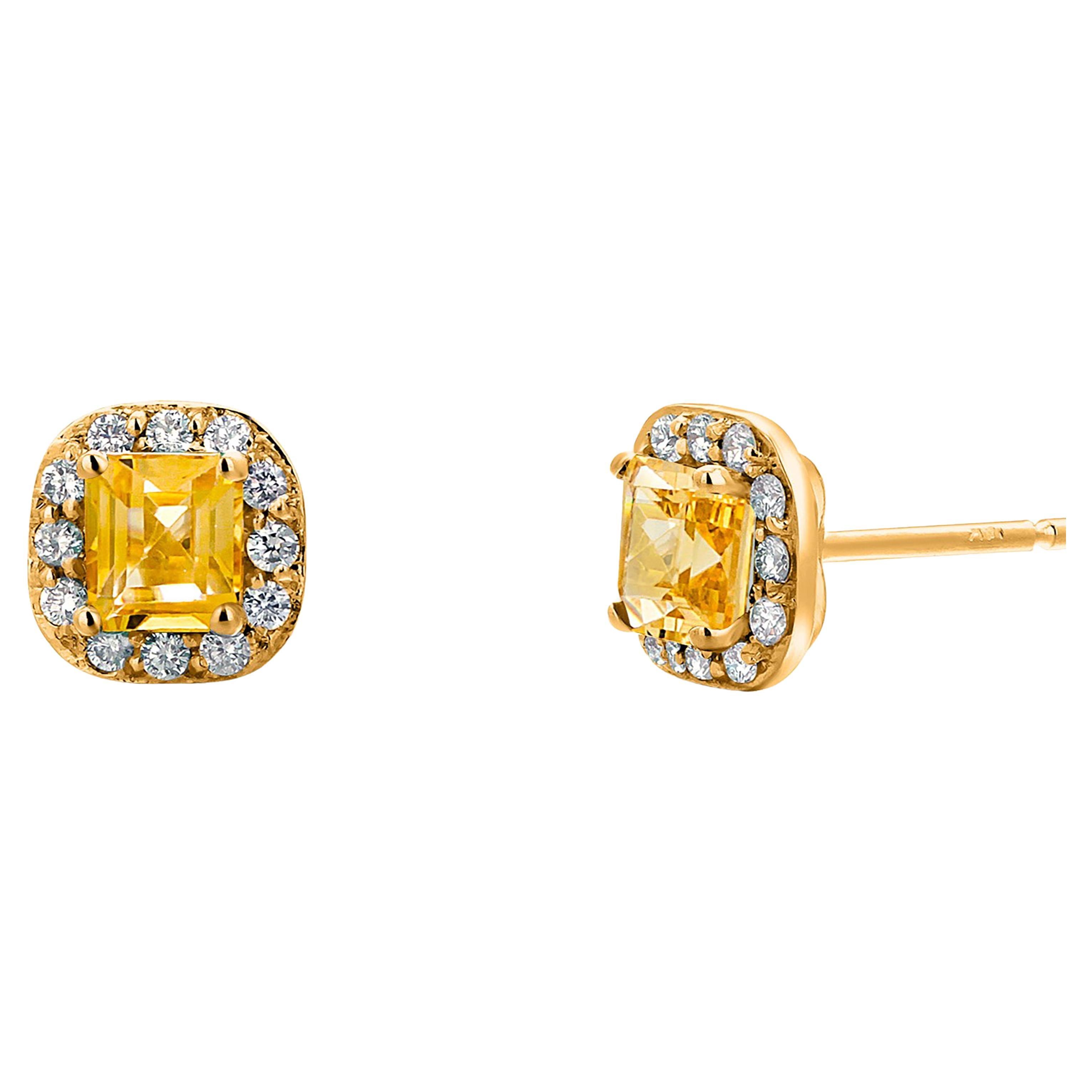 Ceylon Yellow Sapphire Diamonds 1.75 Carat Halo Style Gold Asscher Earrings 