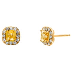 Ceylon Yellow Sapphire Diamonds 1.75 Carat Halo Style Gold Asscher Earrings 