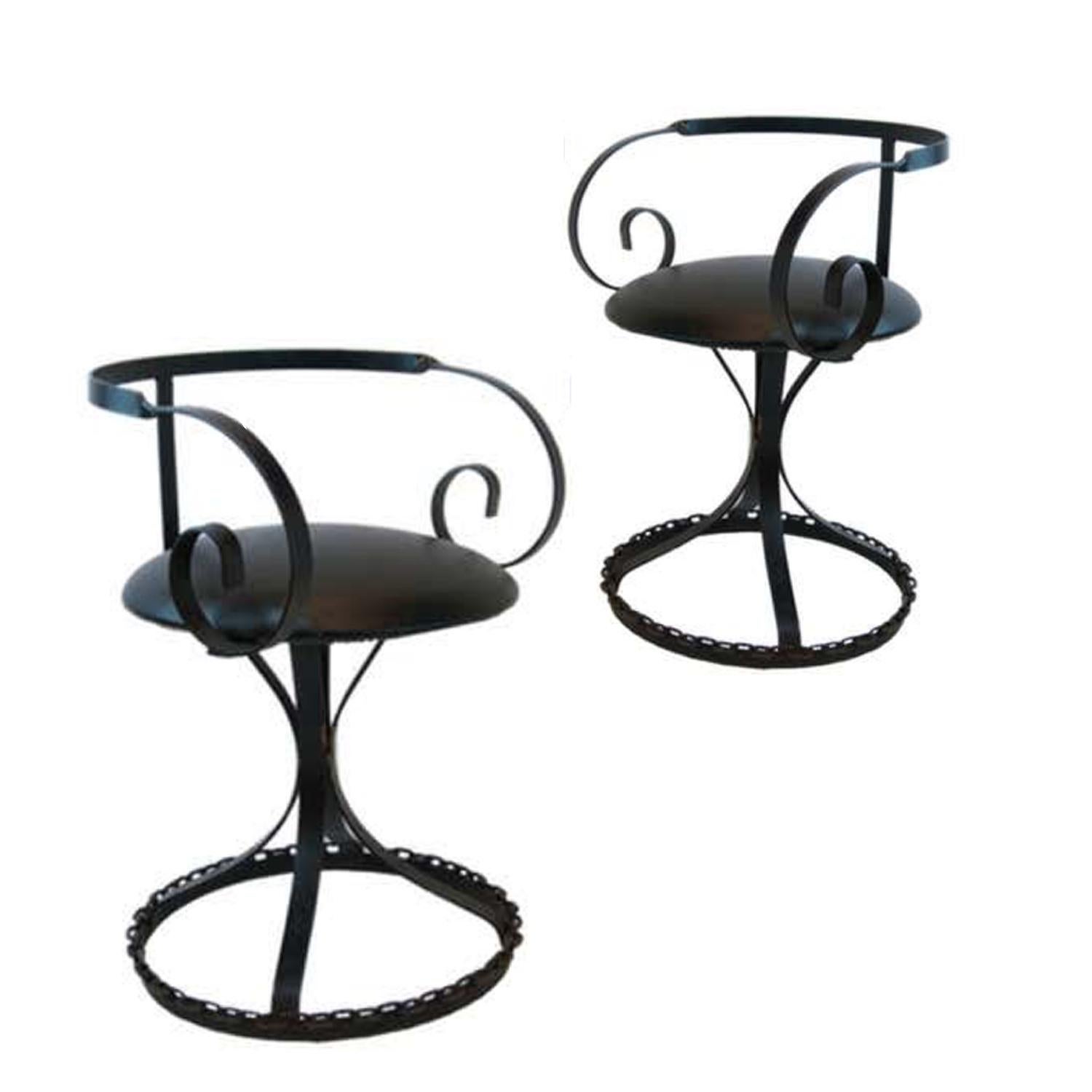 Welded Pair Chain Link Curlicue Garden Patio Chairs in the Manner of George Mulhauser