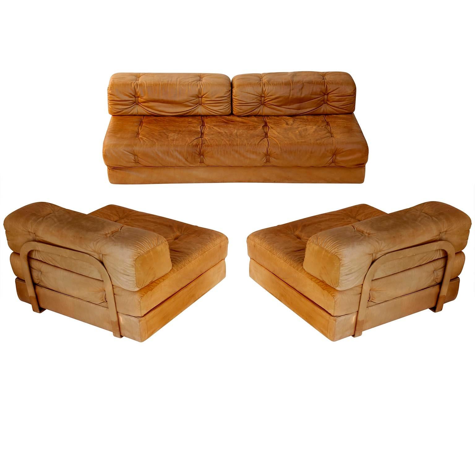 Pair of Chairs Convertable Bed Daybed Sofa 'Atrium', Wittmann, Cognac Leather 6