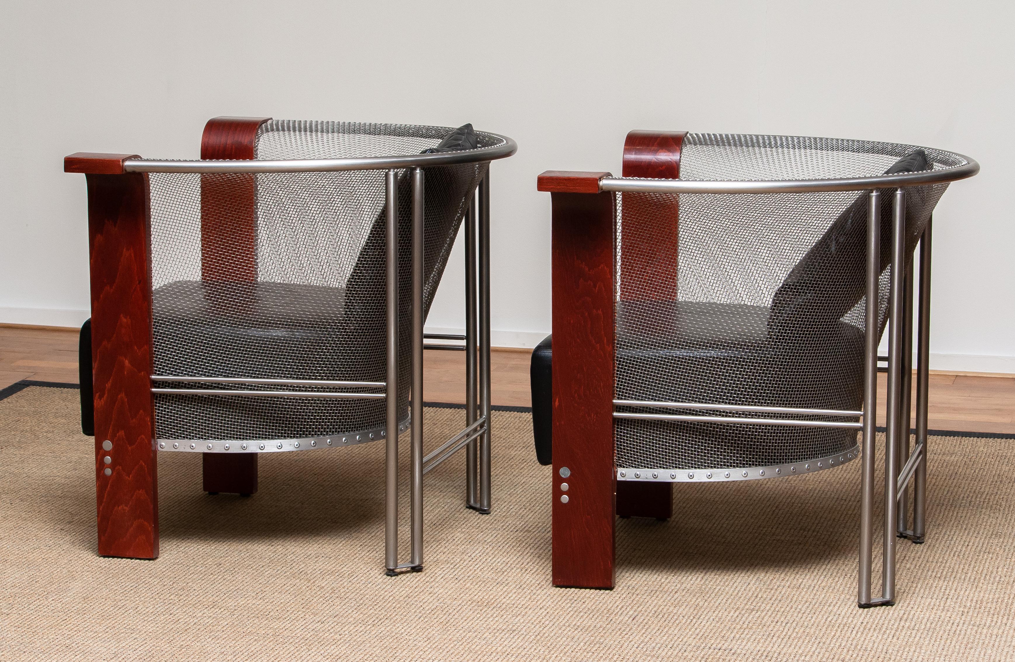 Pair Chairs of Mesh and Welded Stainless Steel and Leather and Wood from Italy 3