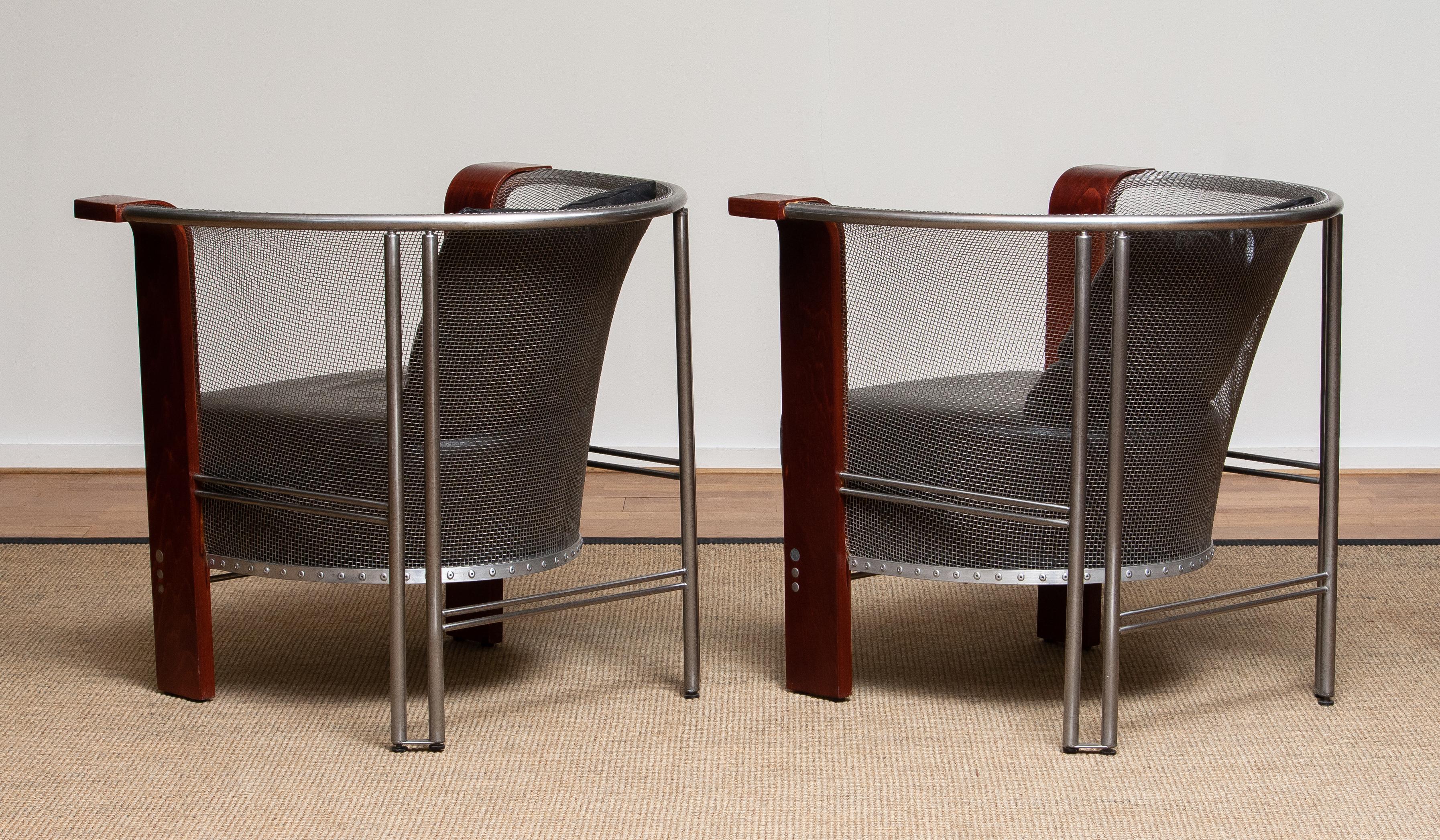 Pair Chairs of Mesh and Welded Stainless Steel and Leather and Wood from Italy 4
