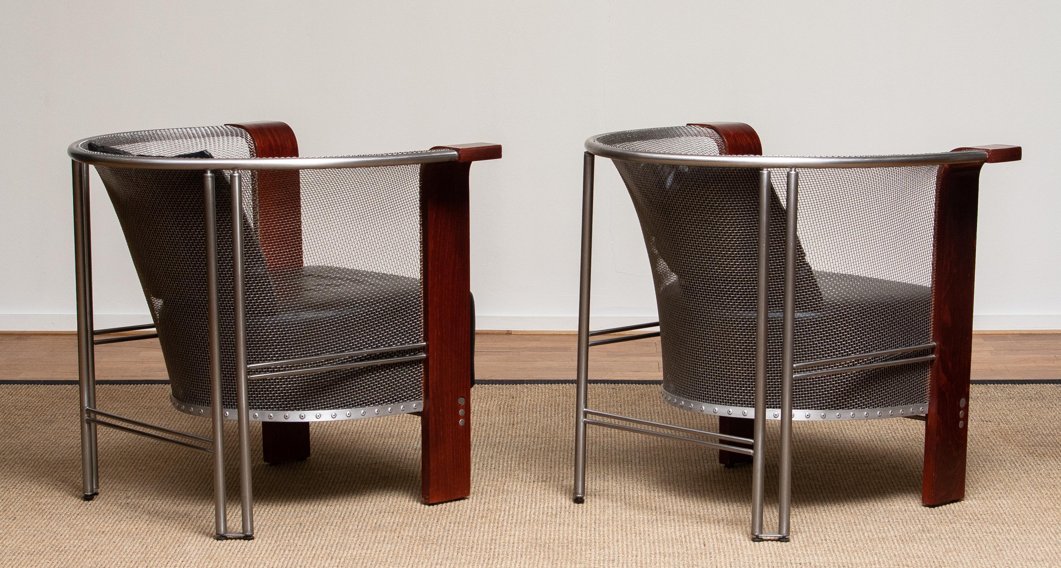Pair Chairs of Mesh and Welded Stainless Steel and Leather and Wood from Italy 5