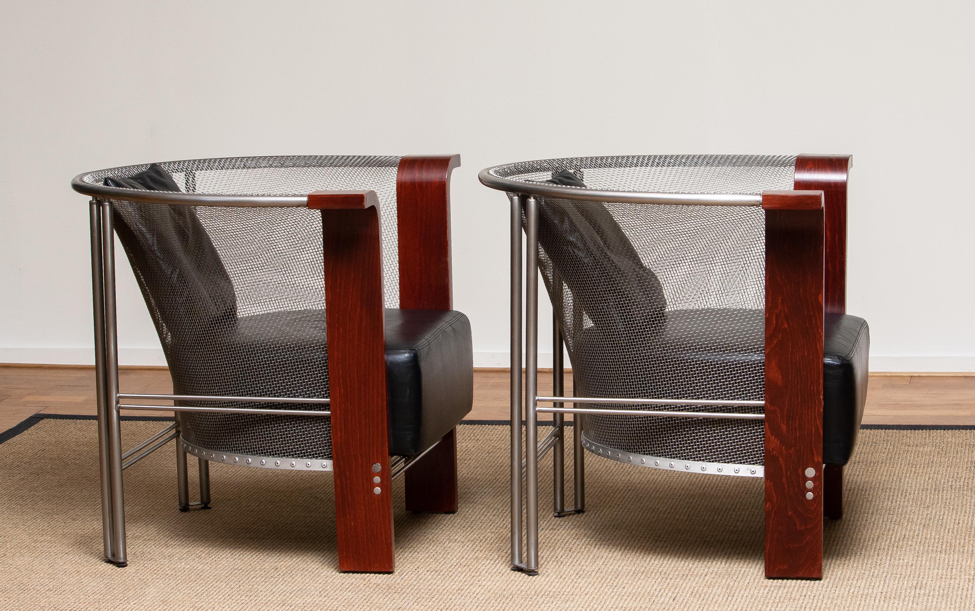 Pair Chairs of Mesh and Welded Stainless Steel and Leather and Wood from Italy 6