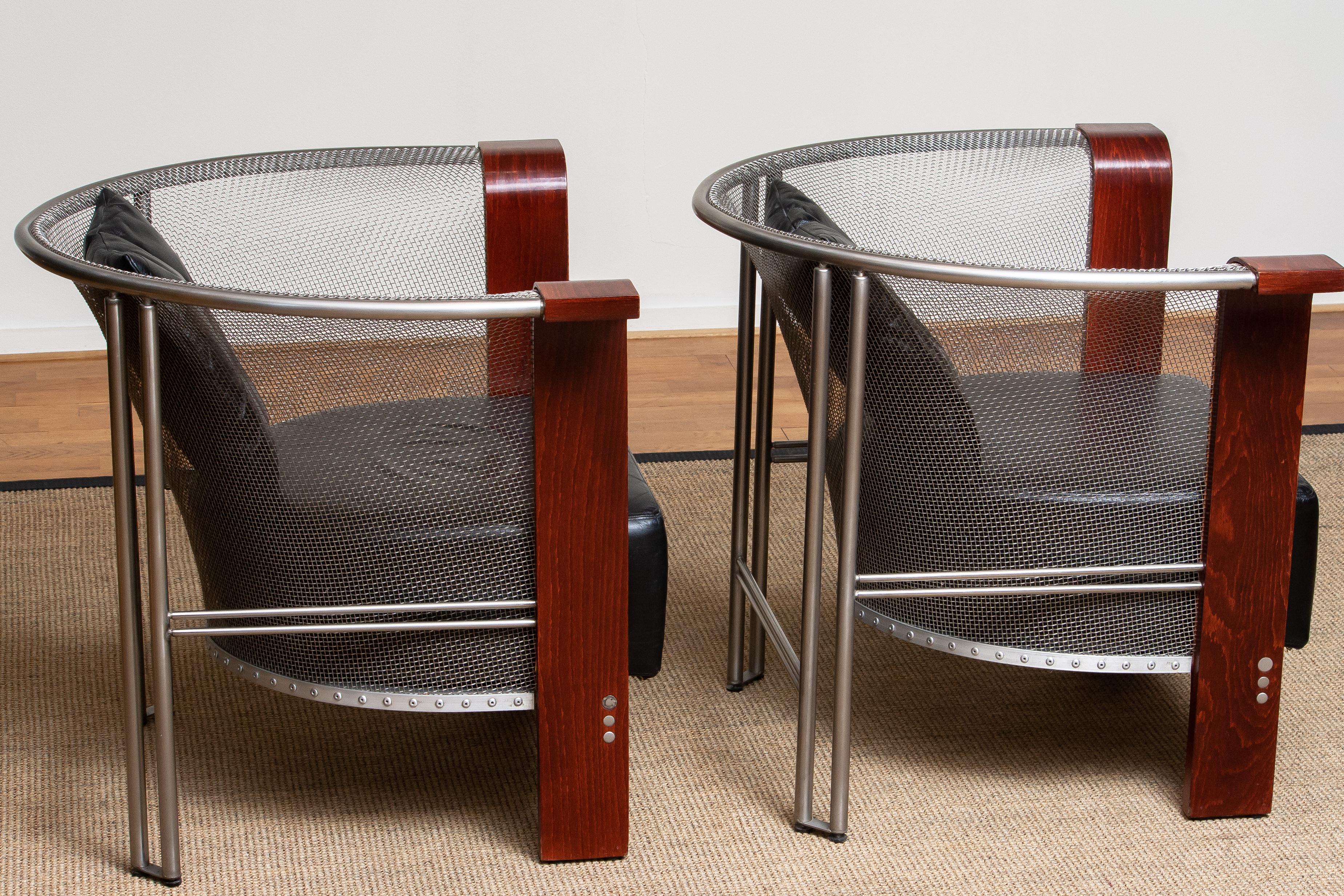 Pair Chairs of Mesh and Welded Stainless Steel and Leather and Wood from Italy 7