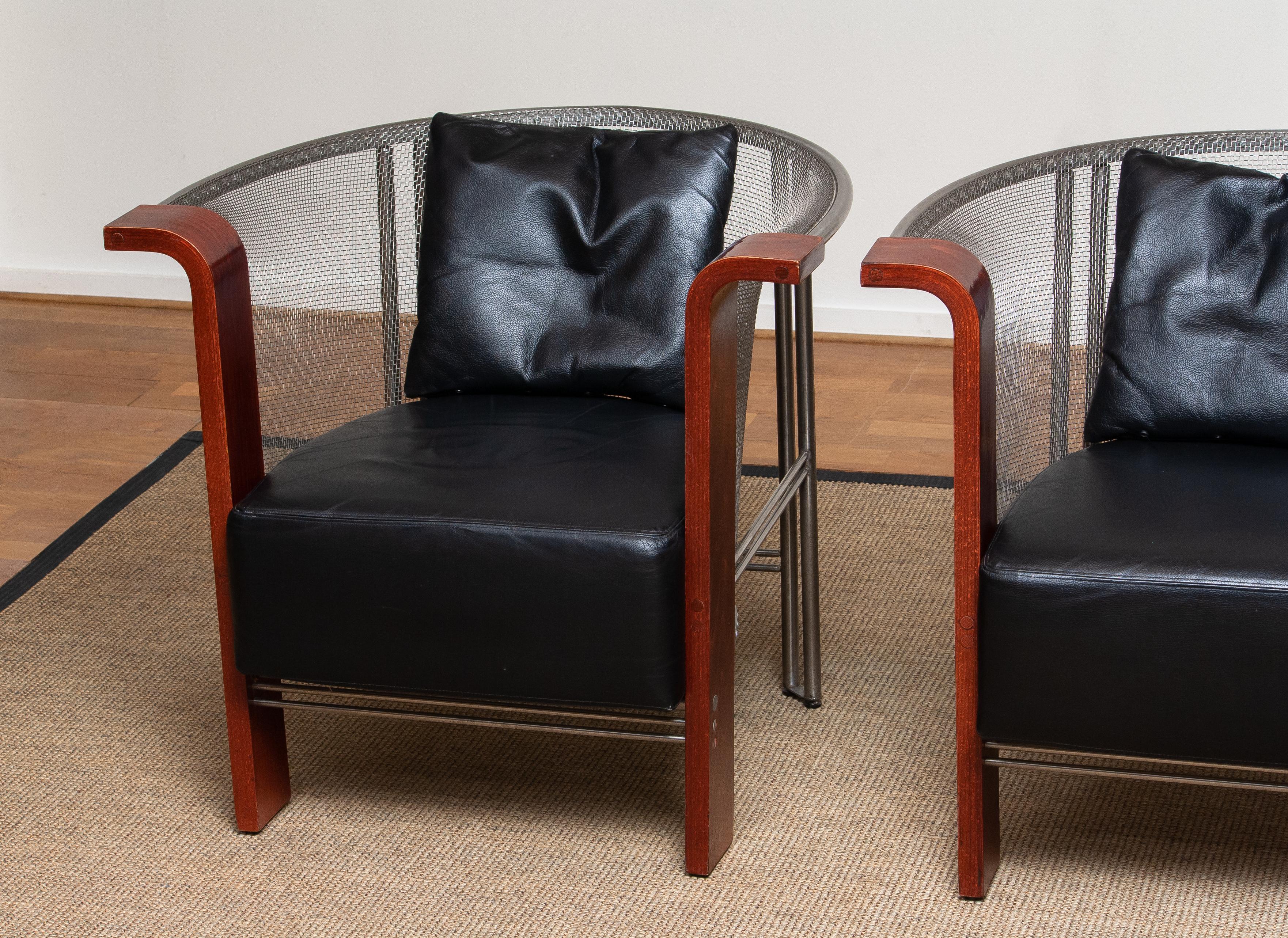Pair Chairs of Mesh and Welded Stainless Steel and Leather and Wood from Italy 8