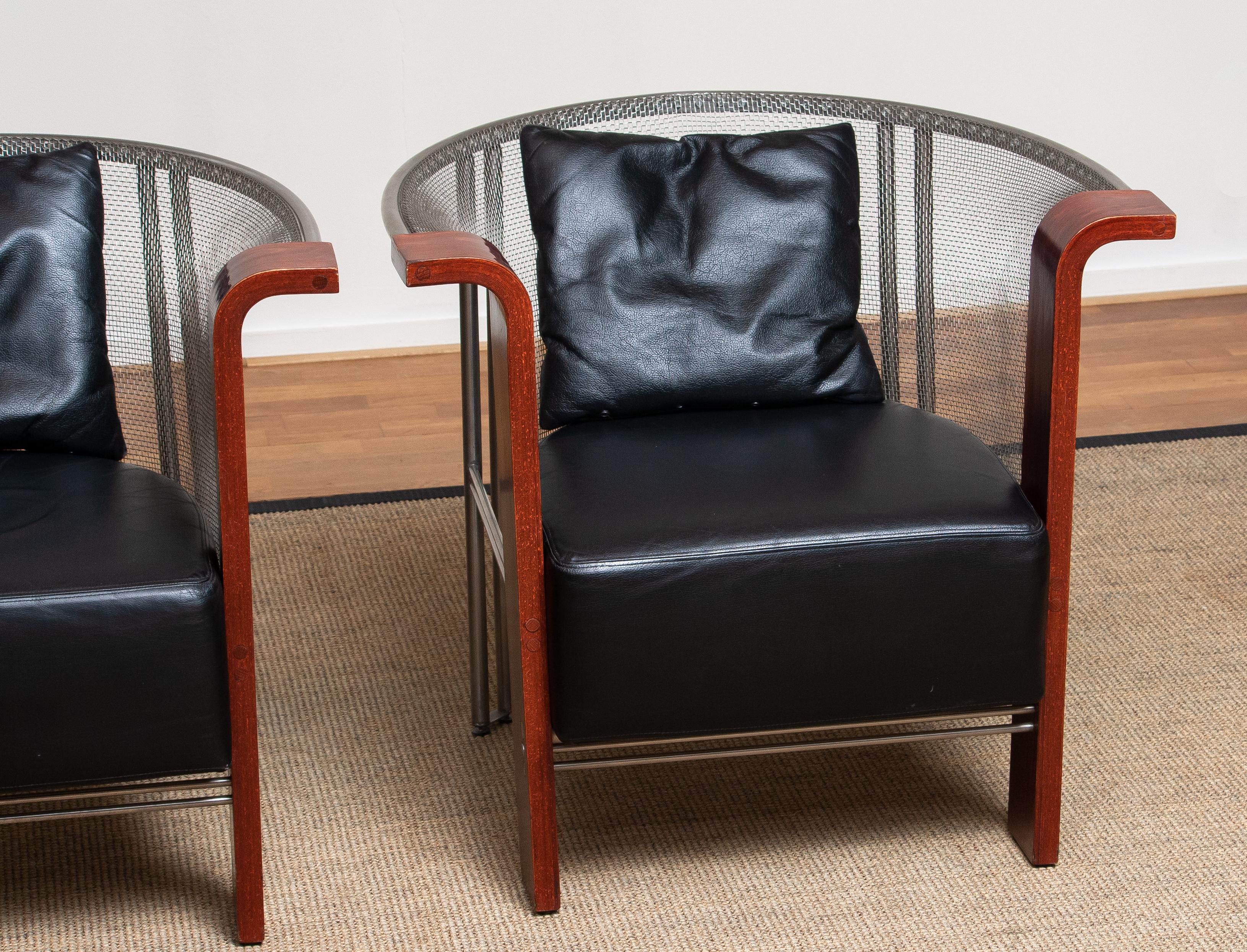 Pair Chairs of Mesh and Welded Stainless Steel and Leather and Wood from Italy 9