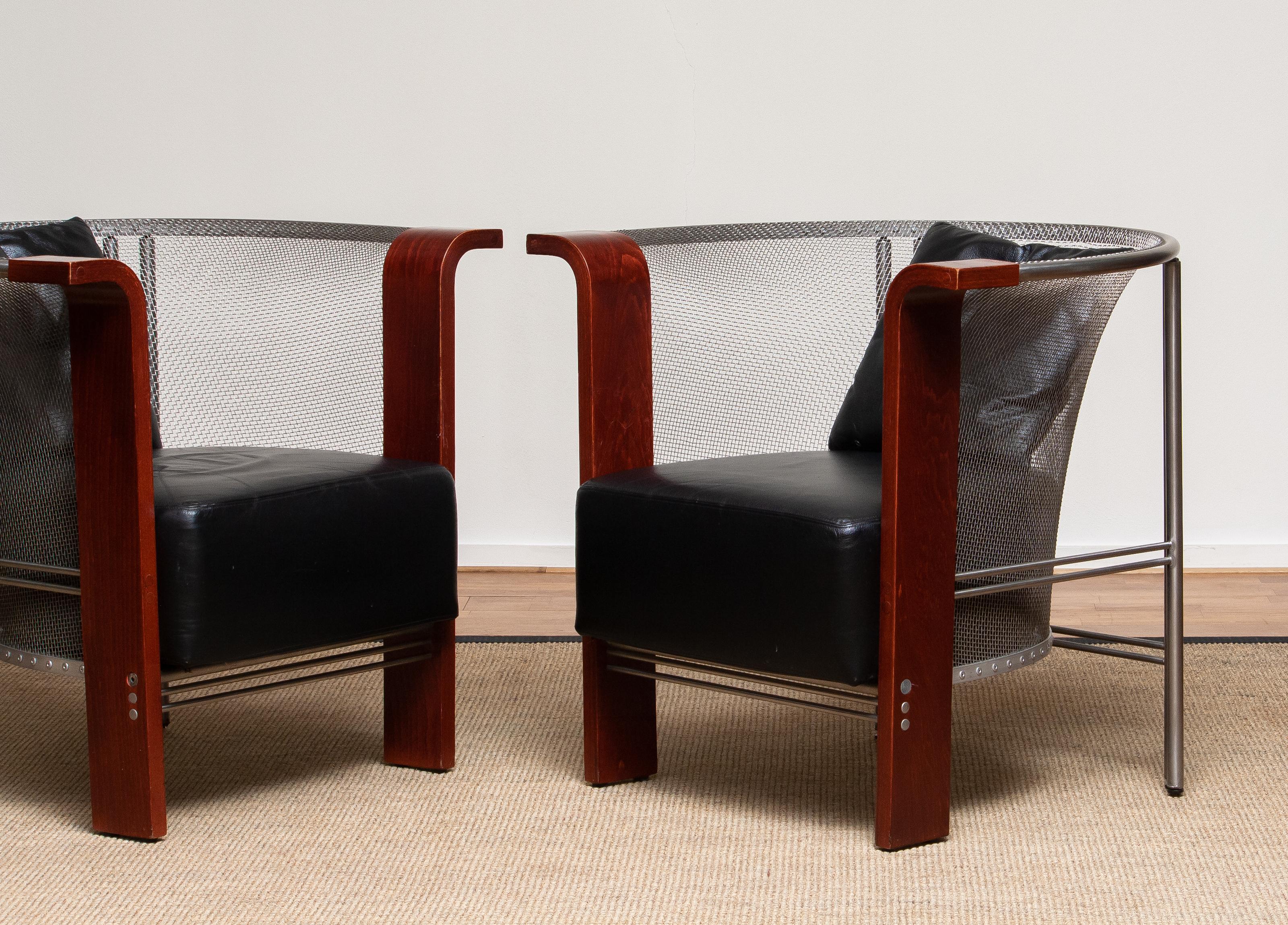 Italian Pair Chairs of Mesh and Welded Stainless Steel and Leather and Wood from Italy