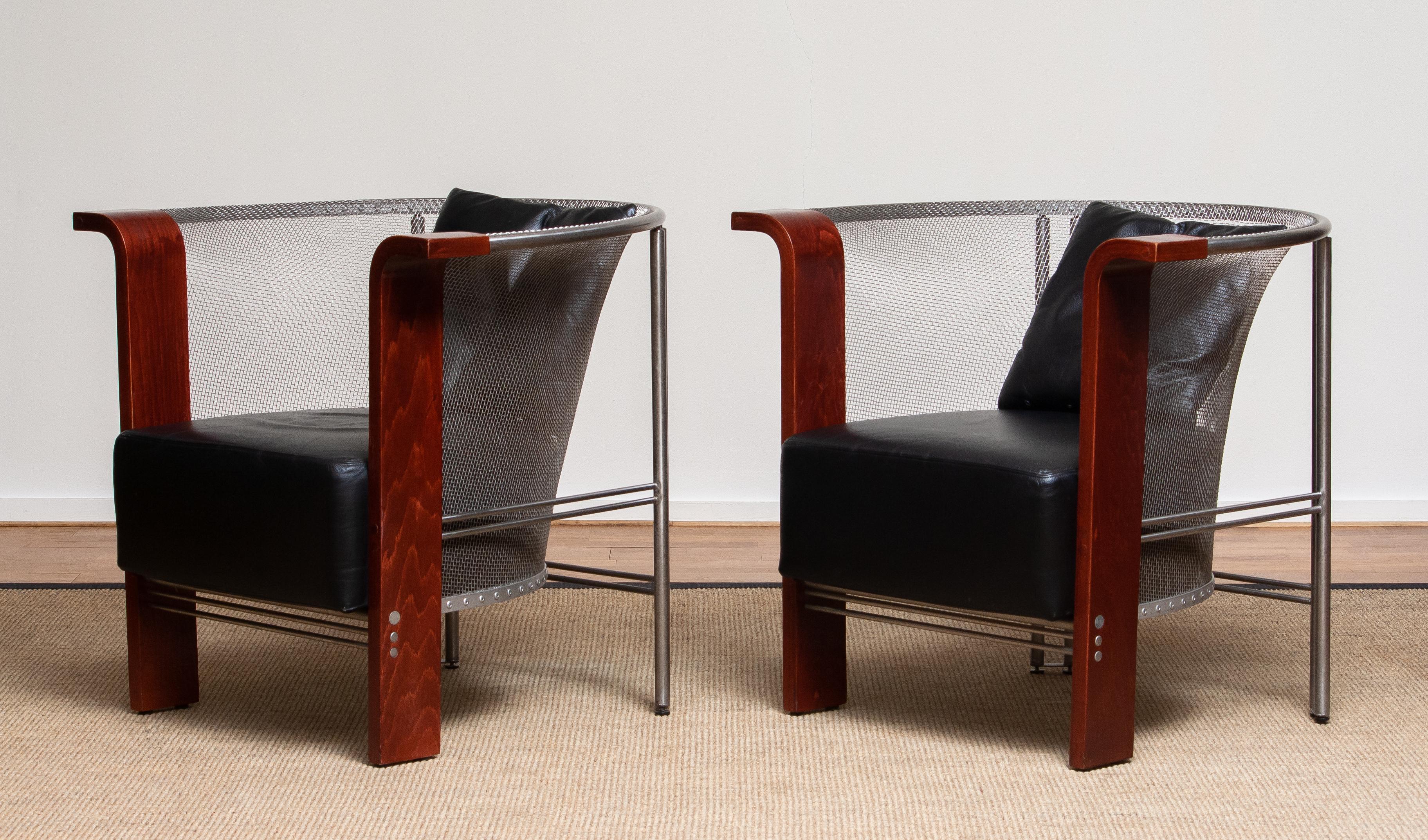 Pair Chairs of Mesh and Welded Stainless Steel and Leather and Wood from Italy 1