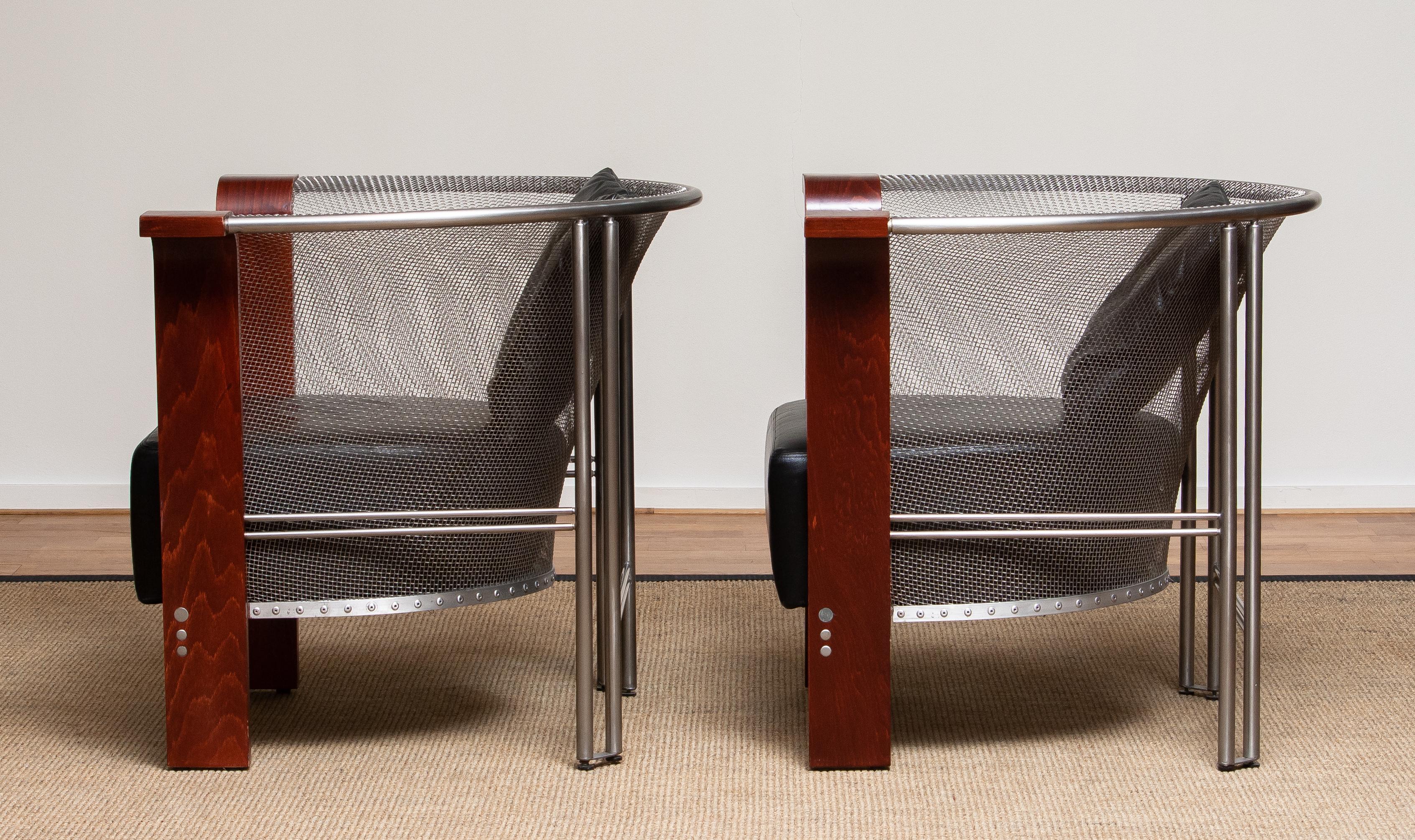 Pair Chairs of Mesh and Welded Stainless Steel and Leather and Wood from Italy 2