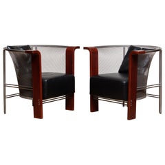 Pair Chairs of Mesh and Welded Stainless Steel and Leather and Wood from Italy