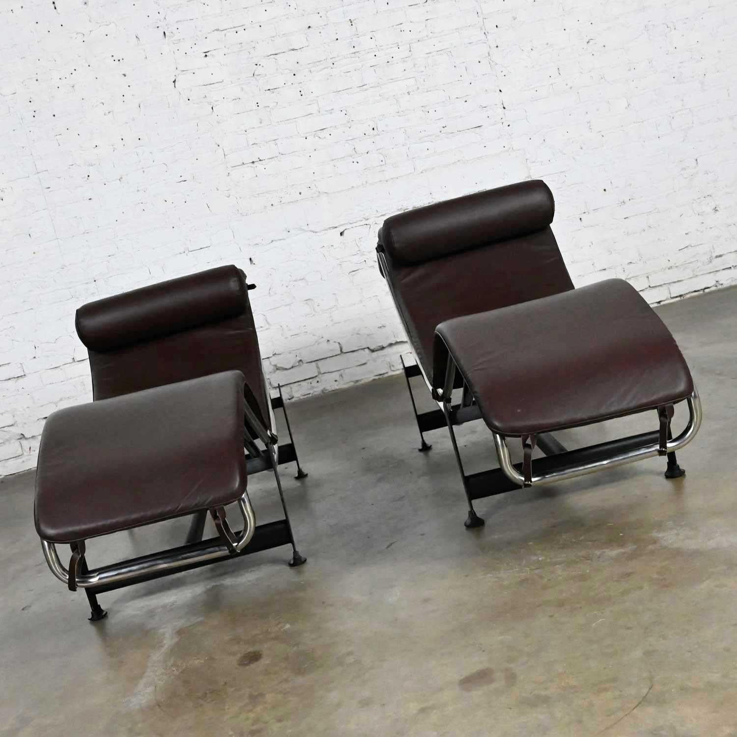 Pair Chaise Lounge Chairs Brown Leather & Chrome Style Le Corbusier LC4 For Sale 5