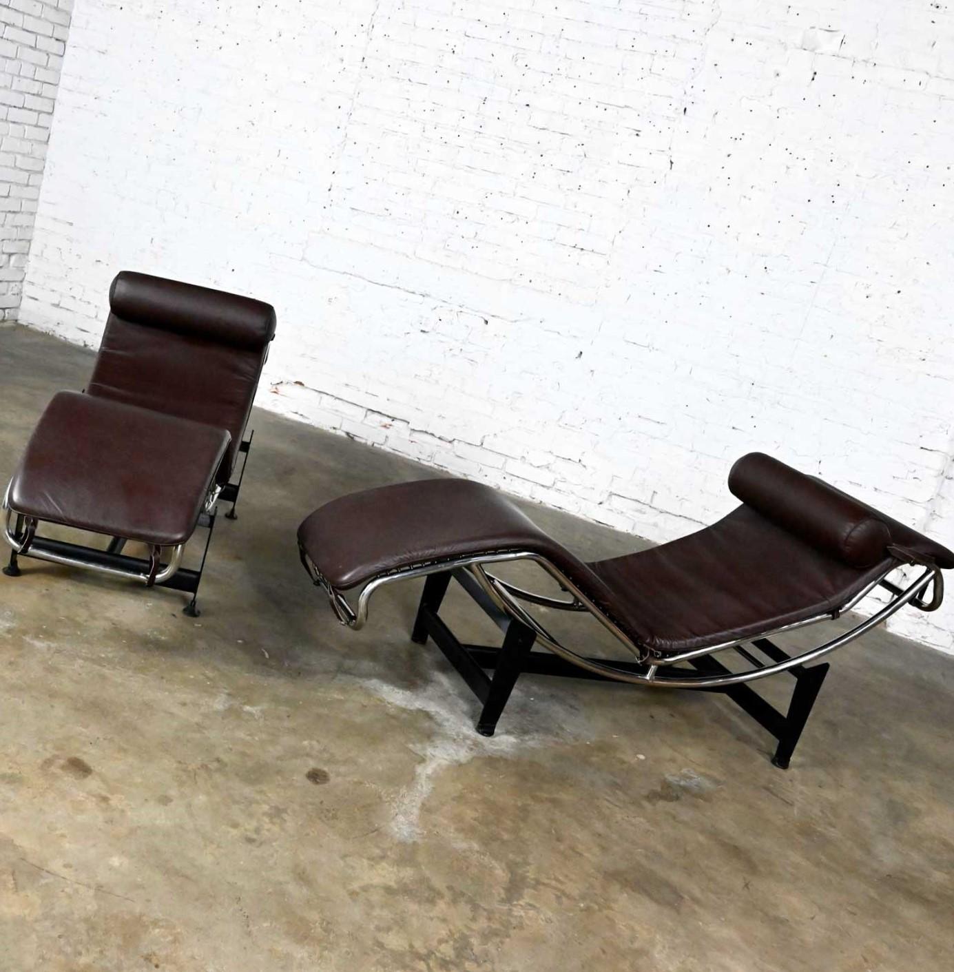 Pair Chaise Lounge Chairs Brown Leather & Chrome Style Le Corbusier LC4 For Sale 9