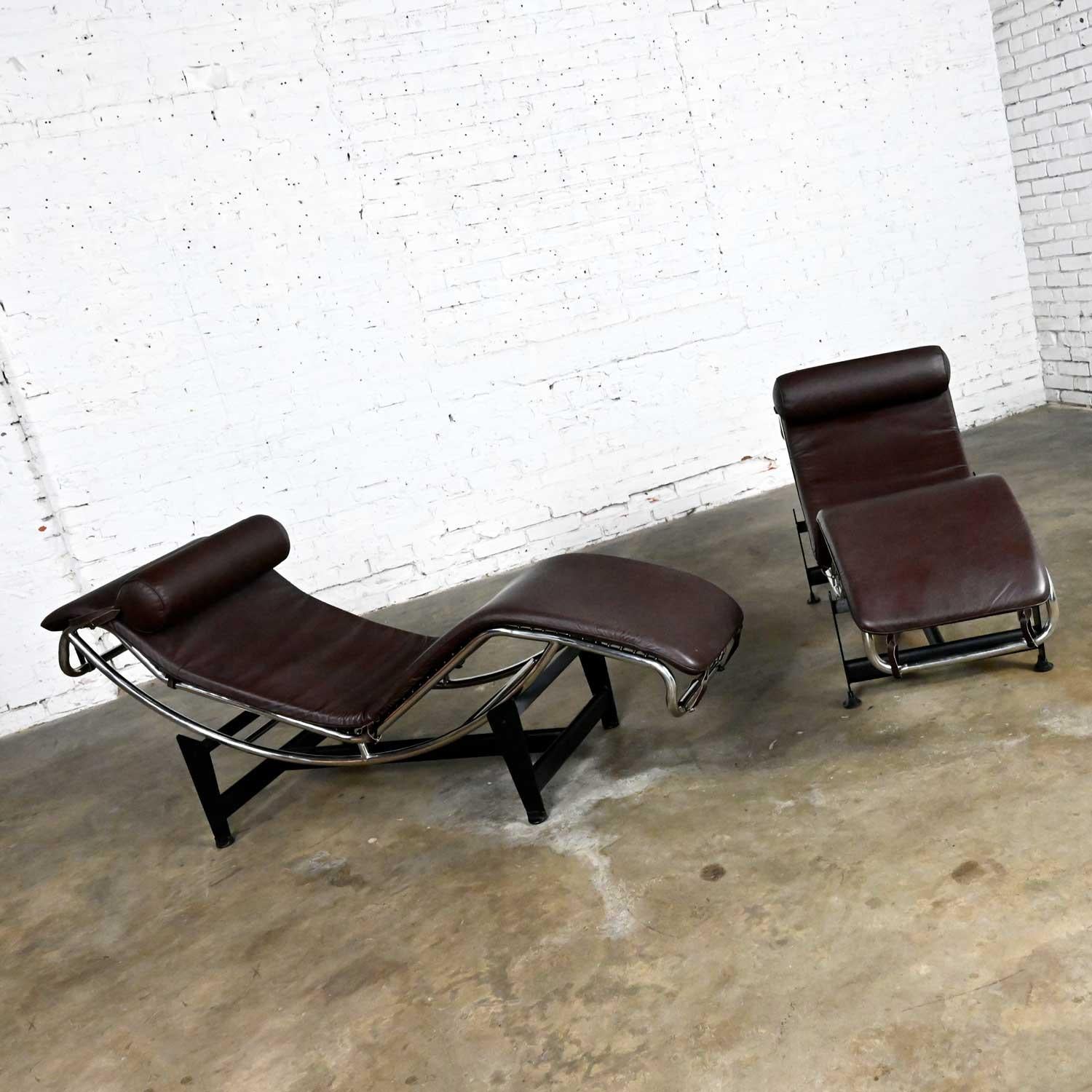 Pair Chaise Lounge Chairs Brown Leather & Chrome Style Le Corbusier LC4 For Sale 11
