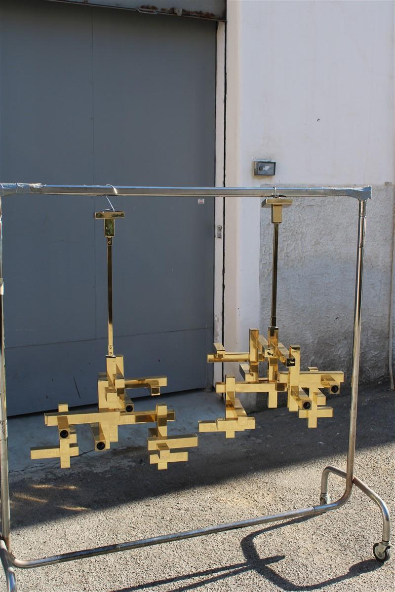 Pair Chandelier Italian Cubic Design Sciolari Gold Brass Minimal Design 6