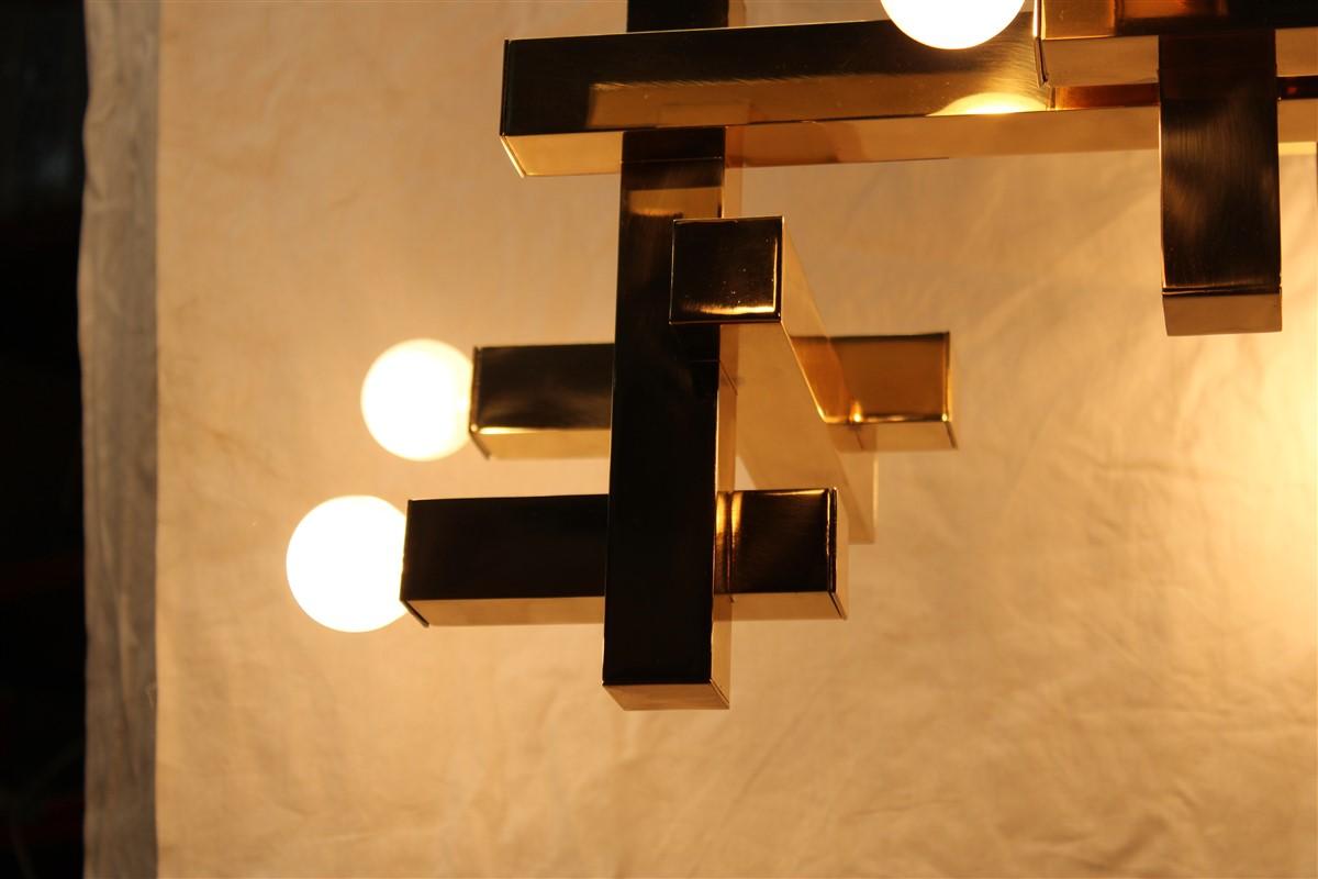 Pair Chandelier Italian Cubic Design Sciolari Gold Brass Minimal Design 10