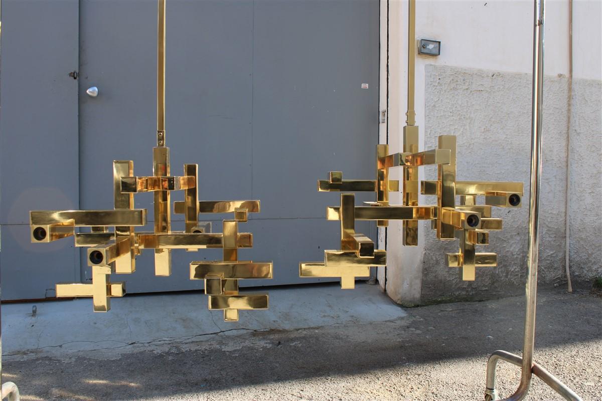 Pair Chandelier Italian Cubic Design Sciolari Gold Brass Minimal Design 1