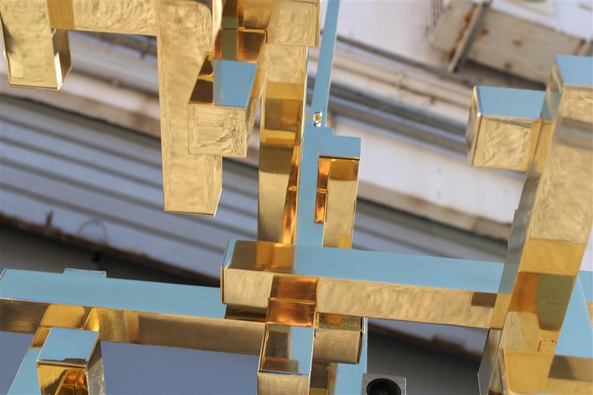 Pair Chandelier Italian Cubic Design Sciolari Gold Brass Minimal Design 3