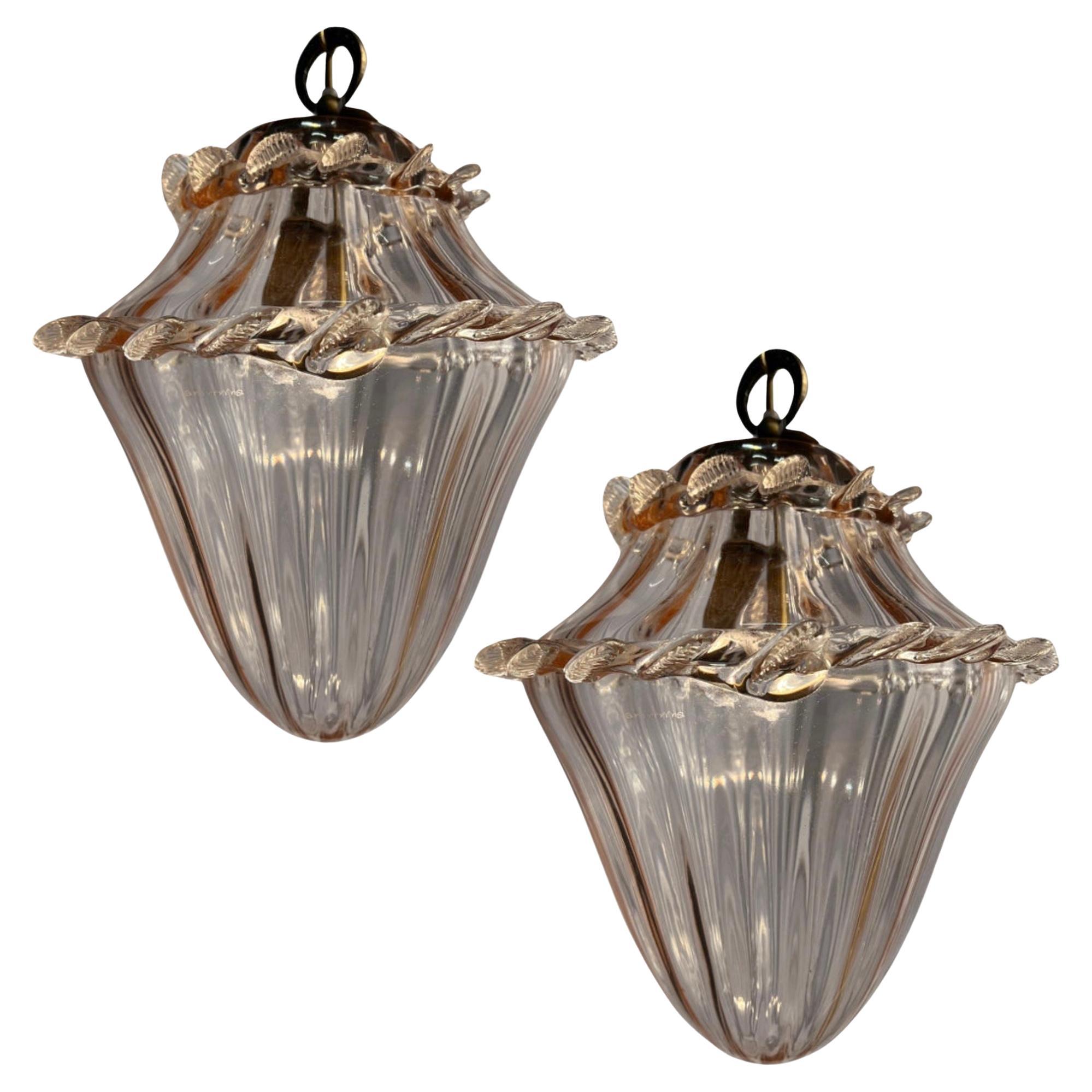 Pair Chandelier Lanterns "The Pink Queen". Murano, 1980 For Sale