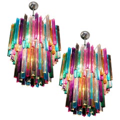 Pair of Chandelier Multi-Color 107 Triedri, Murano, 1970s