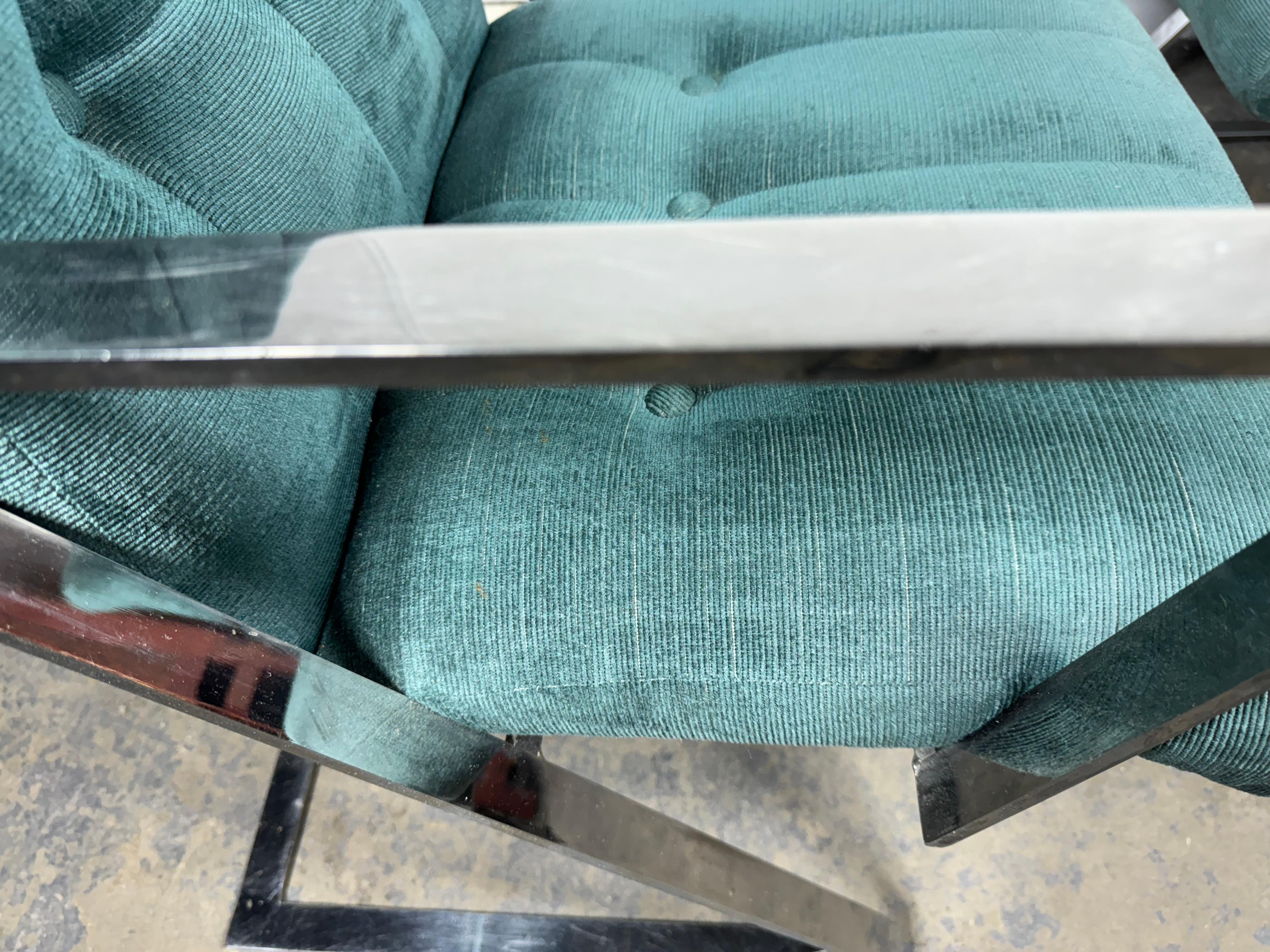 Pair Channeled & Button Tufted Chrome Z-Frame Arm Chairs after Milo Baughman For Sale 3