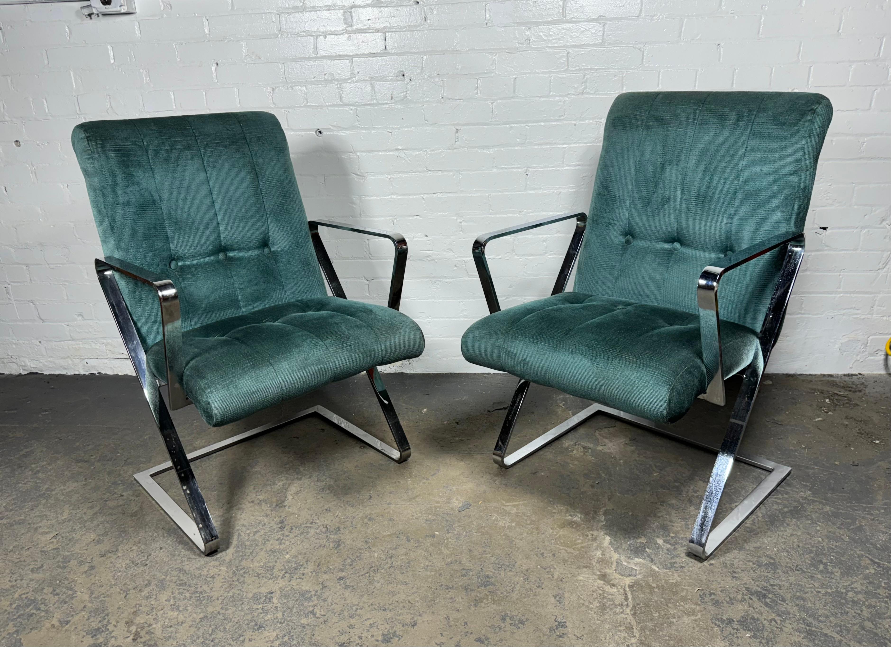 Mid-Century Modern Pair Channeled & Button Tufted Chrome Z-Frame Arm Chairs after Milo Baughman For Sale