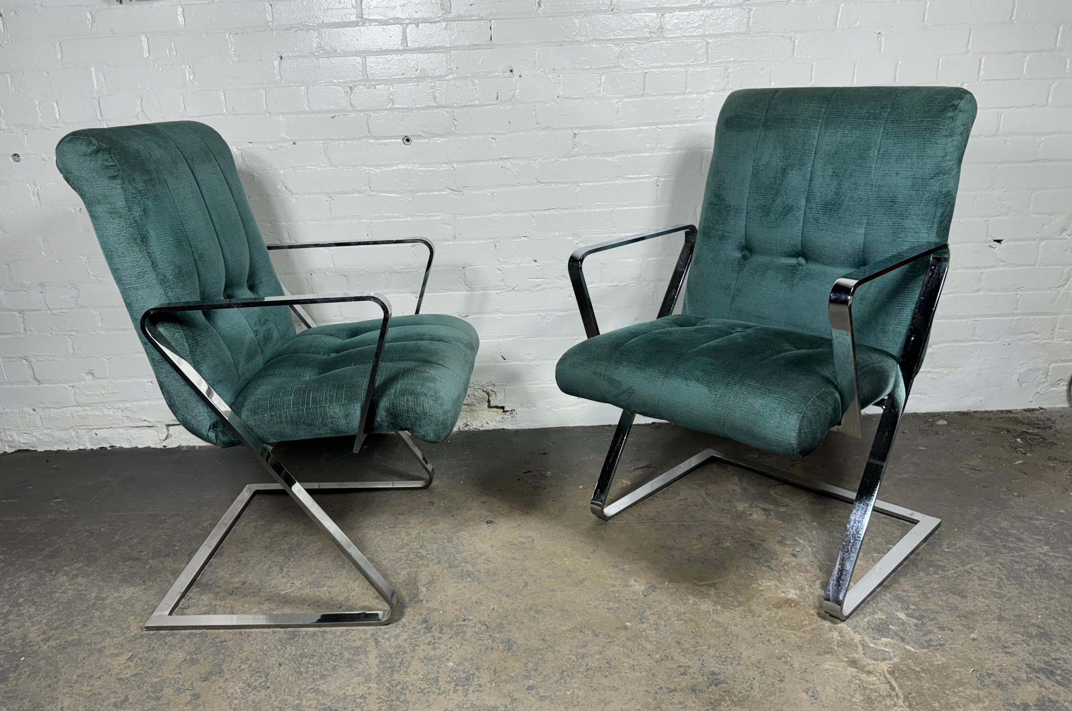 Pair Channeled & Button Tufted Chrome Z-Frame Arm Chairs after Milo Baughman In Good Condition For Sale In Buffalo, NY