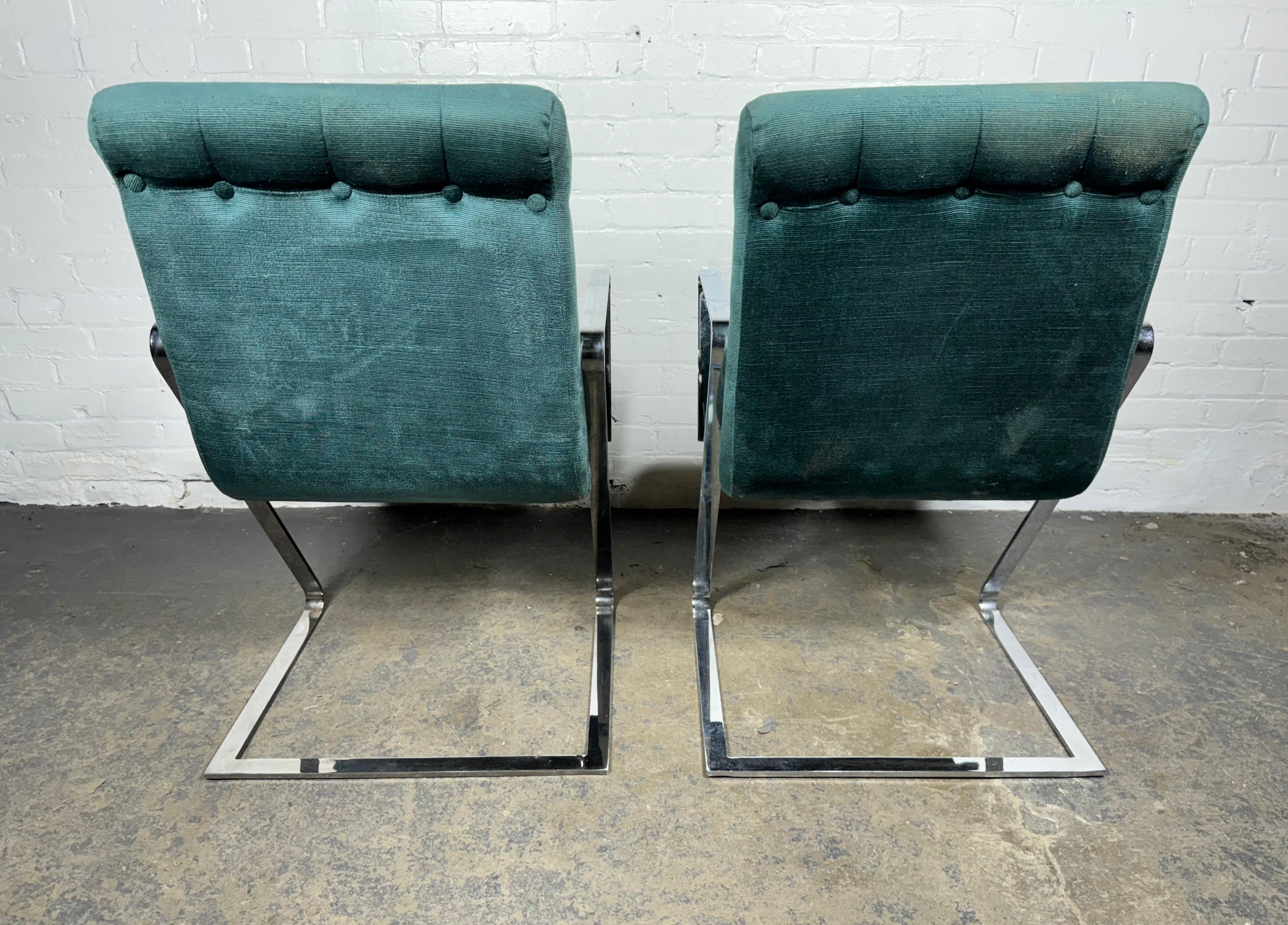 Late 20th Century Pair Channeled & Button Tufted Chrome Z-Frame Arm Chairs after Milo Baughman For Sale