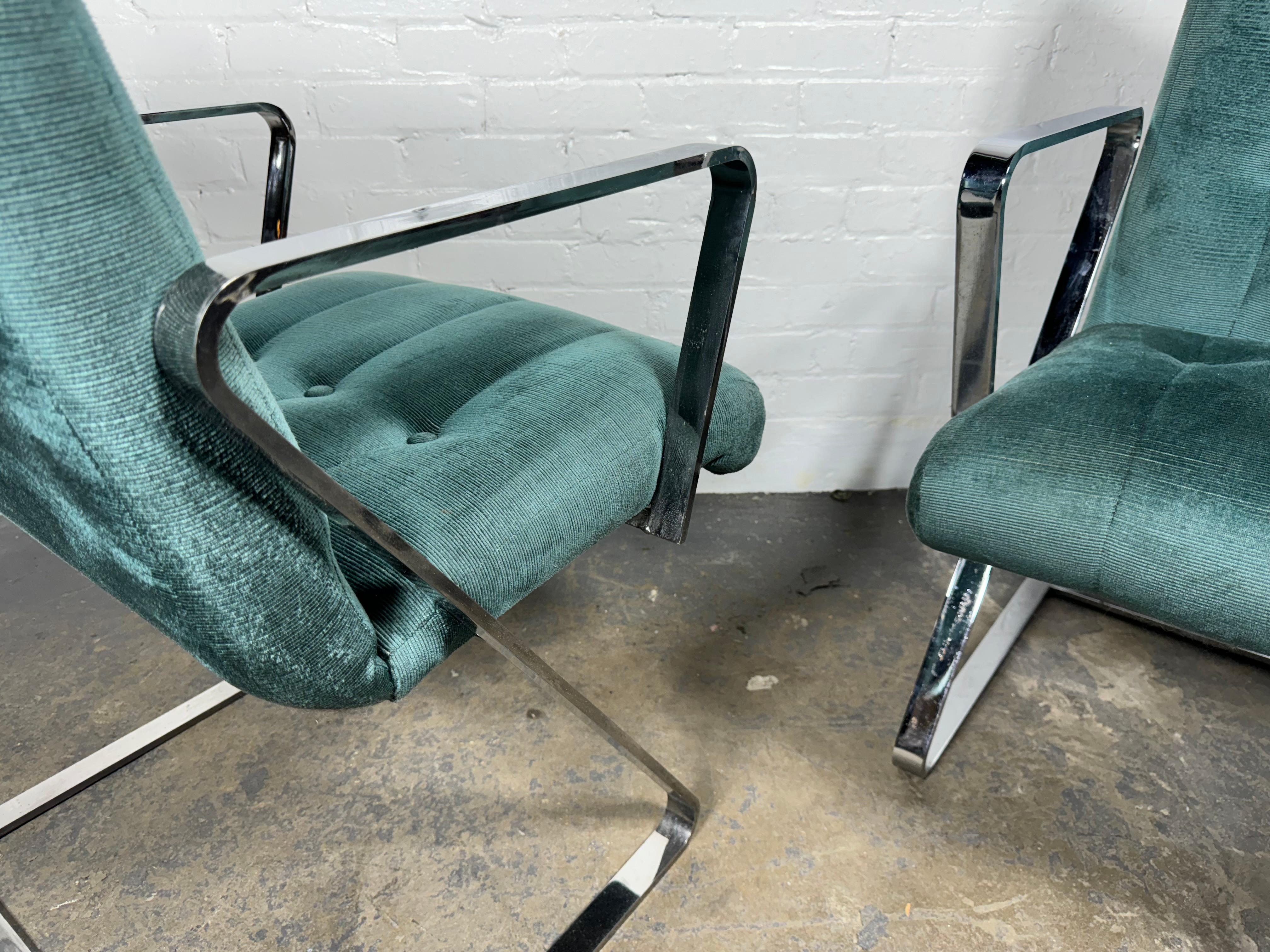 Fabric Pair Channeled & Button Tufted Chrome Z-Frame Arm Chairs after Milo Baughman For Sale