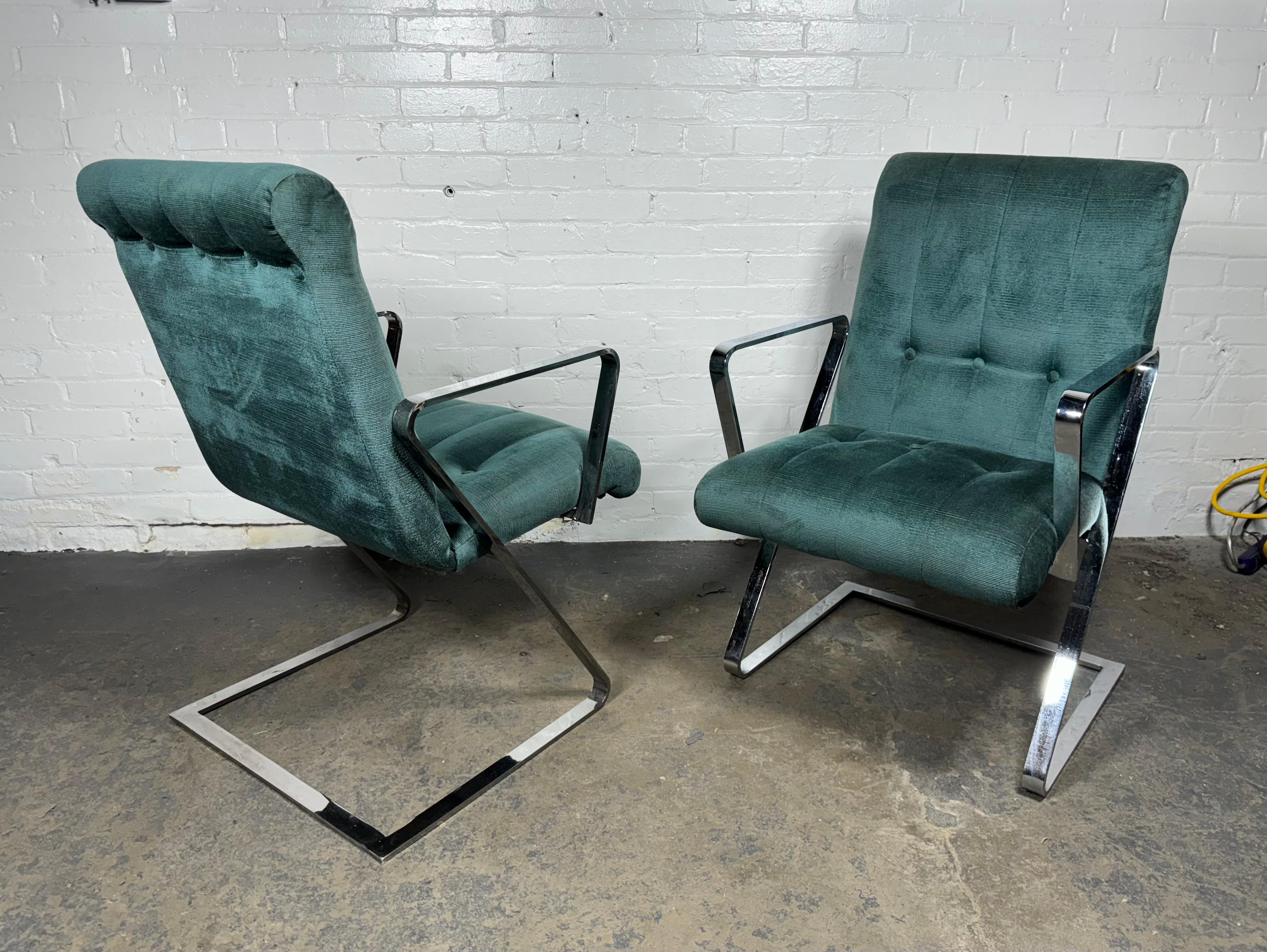 Pair Channeled & Button Tufted Chrome Z-Frame Arm Chairs after Milo Baughman For Sale 1