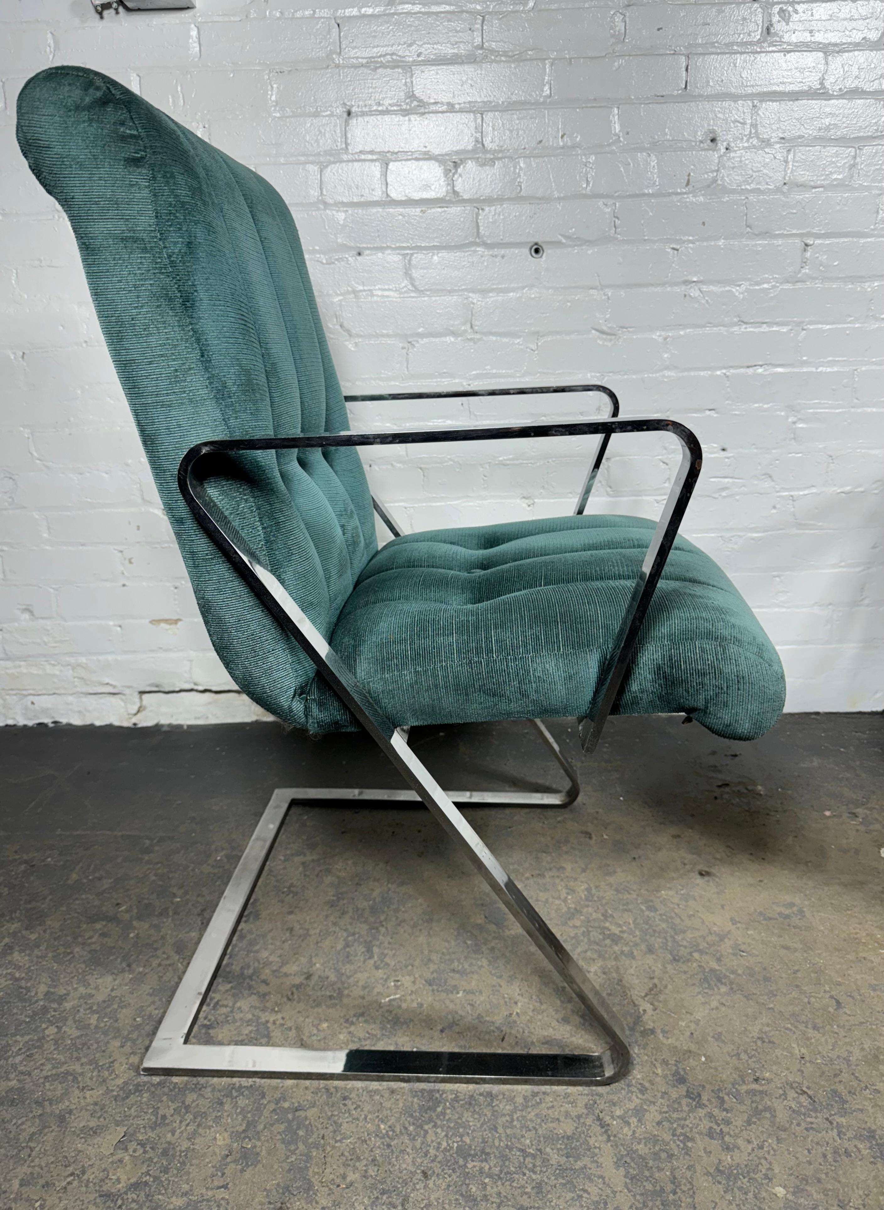 Pair Channeled & Button Tufted Chrome Z-Frame Arm Chairs after Milo Baughman For Sale 2