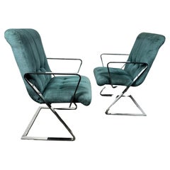 Pair Channeled & Button Tufted Chrome Z-Frame Arm Chairs after Milo Baughman