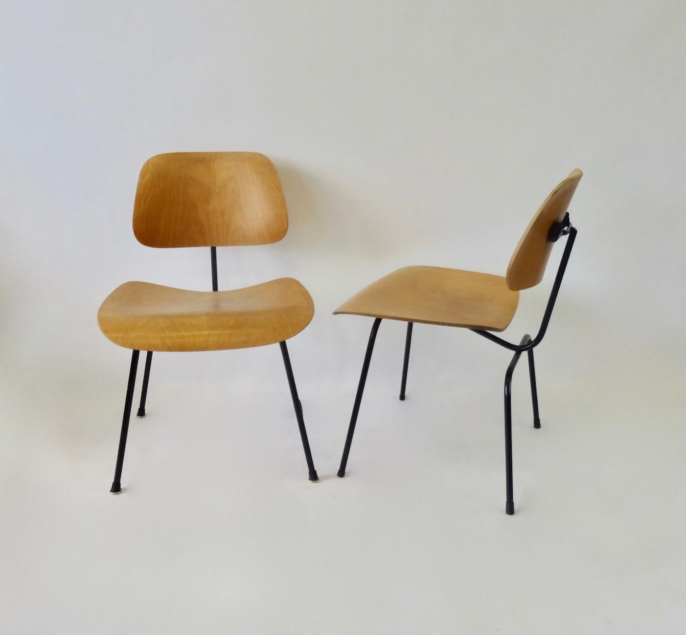 Pair of Eames dining chair metal ( DCM ) for Herman Miller. Blonde laminate plywood seats in original finish on recently matte black powder coated wrought iron frames.
