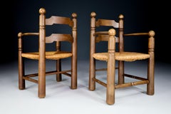 Coppia di poltrone Charles Dudouyt "Ladder Back" in Oak e sedile in giunco, Francia, anni '40