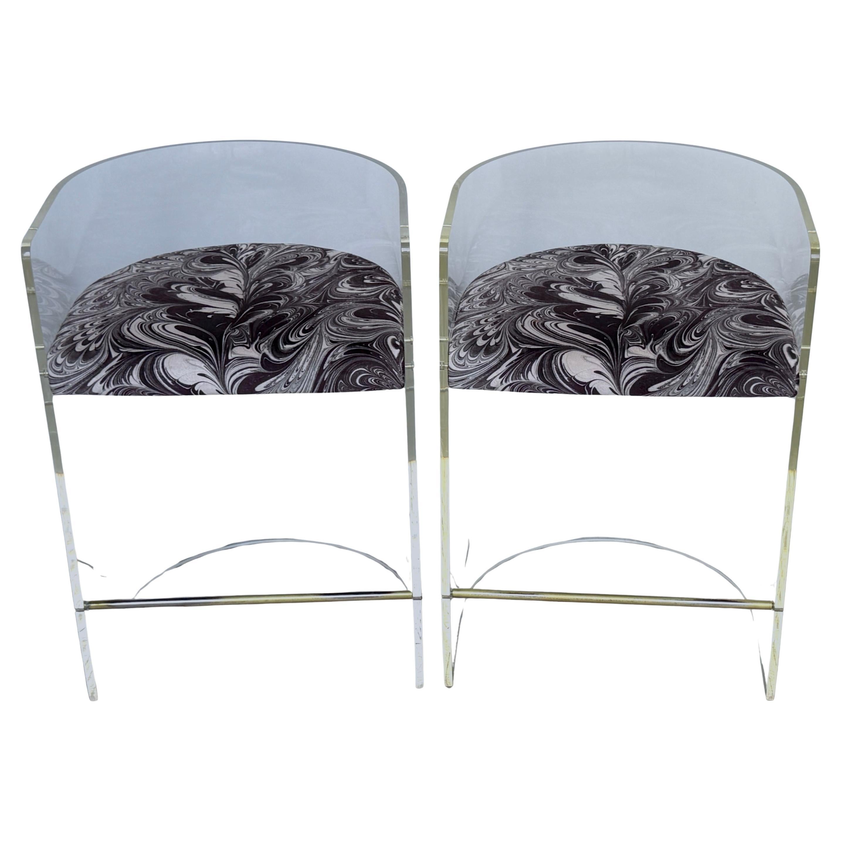 Pair Charles Hollis Jones (Attrib.) Lucite Barrel-Back Counter Counter Chairs