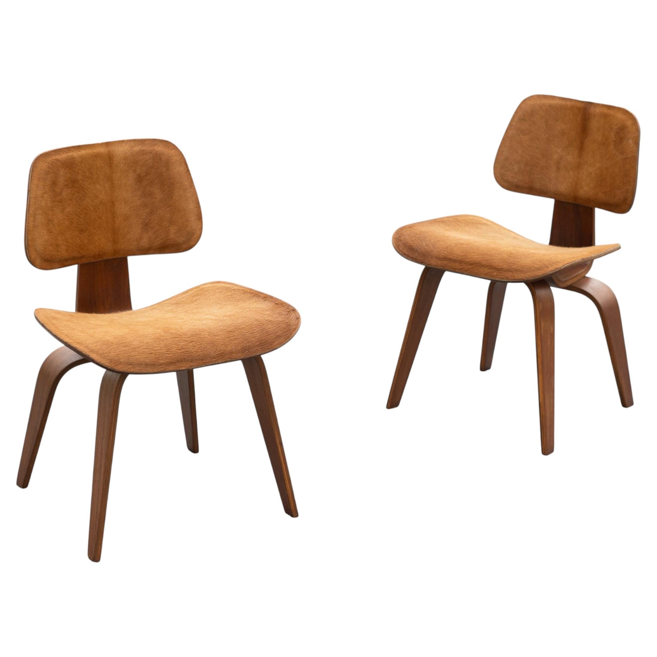 Pair Charles & Ray Eames for Evans DCW Dining Chairs in Walnut & Cowhide c. 1946 For Sale
