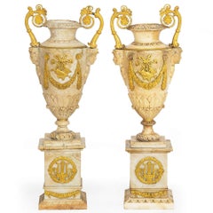 Pair Charles X Bronze-Mounted & Carved Alabaster Vases