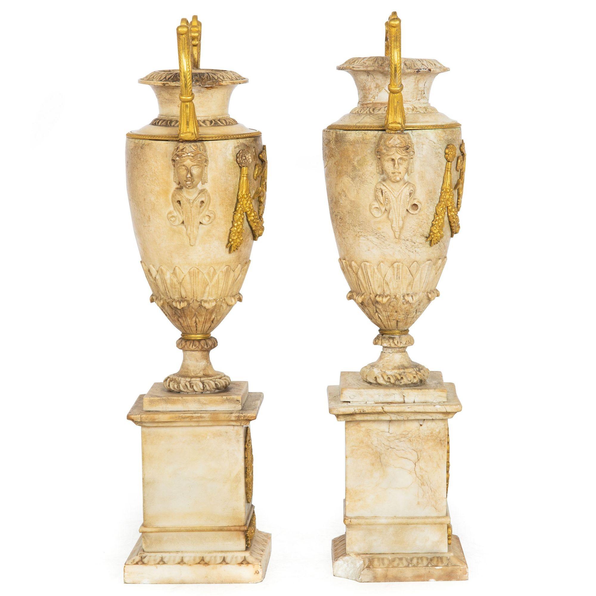 European Pair Charles X Bronze-Mounted & Carved Alabaster Vases For Sale