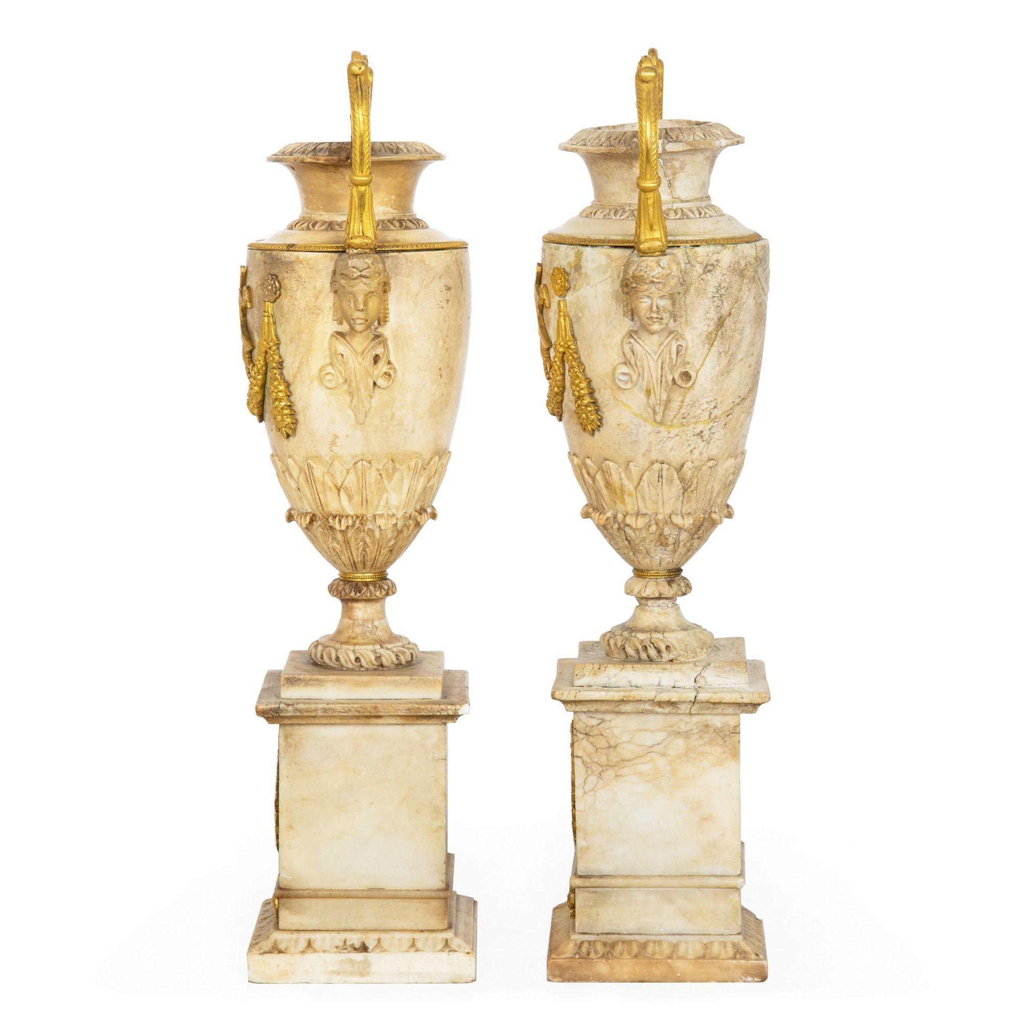 Gilt Pair Charles X Bronze-Mounted & Carved Alabaster Vases For Sale
