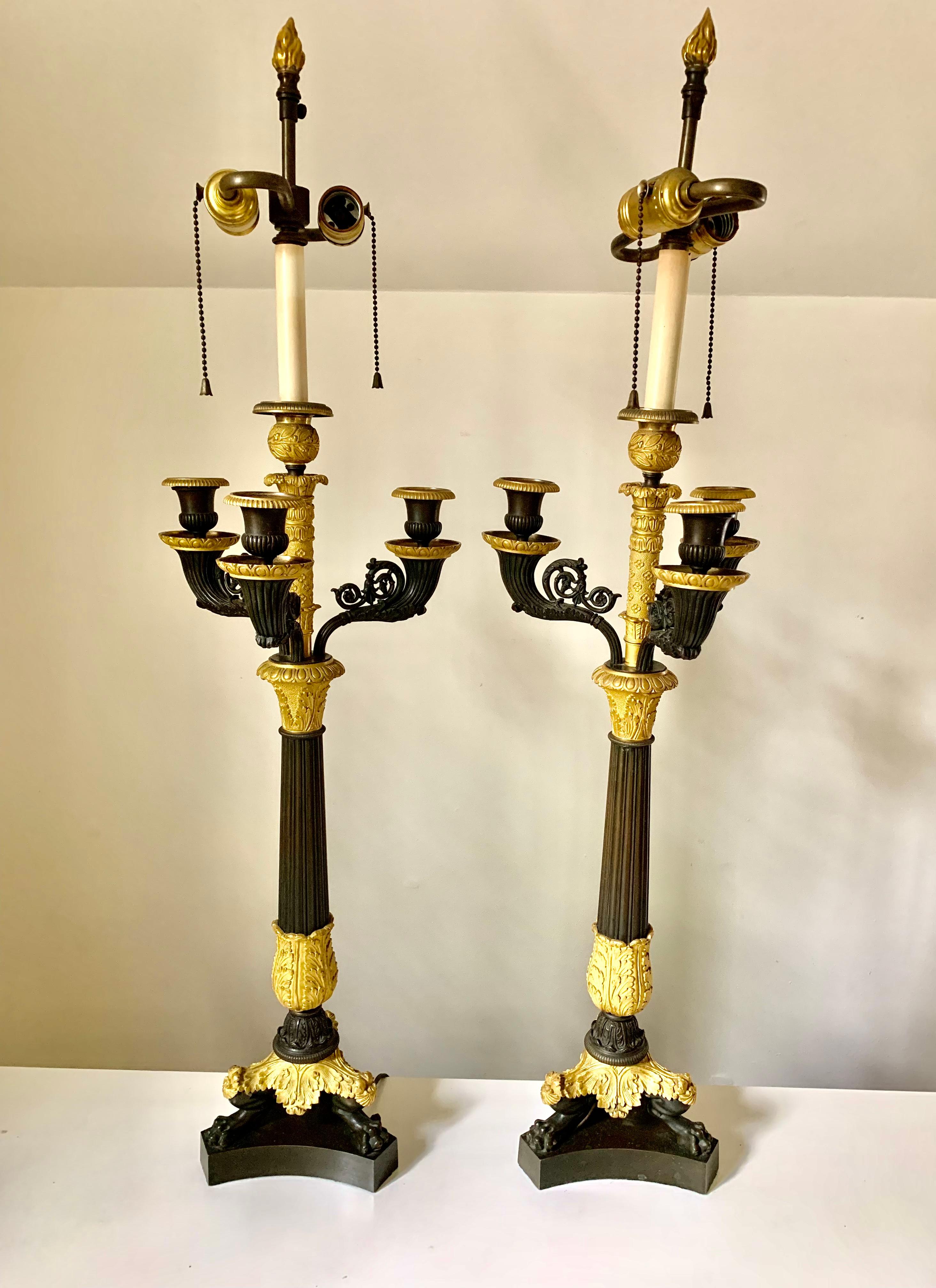 Pair Charles X Empire Period Gilt, Patinated Bronze Candelabra Lamps, circa 1830 For Sale 5