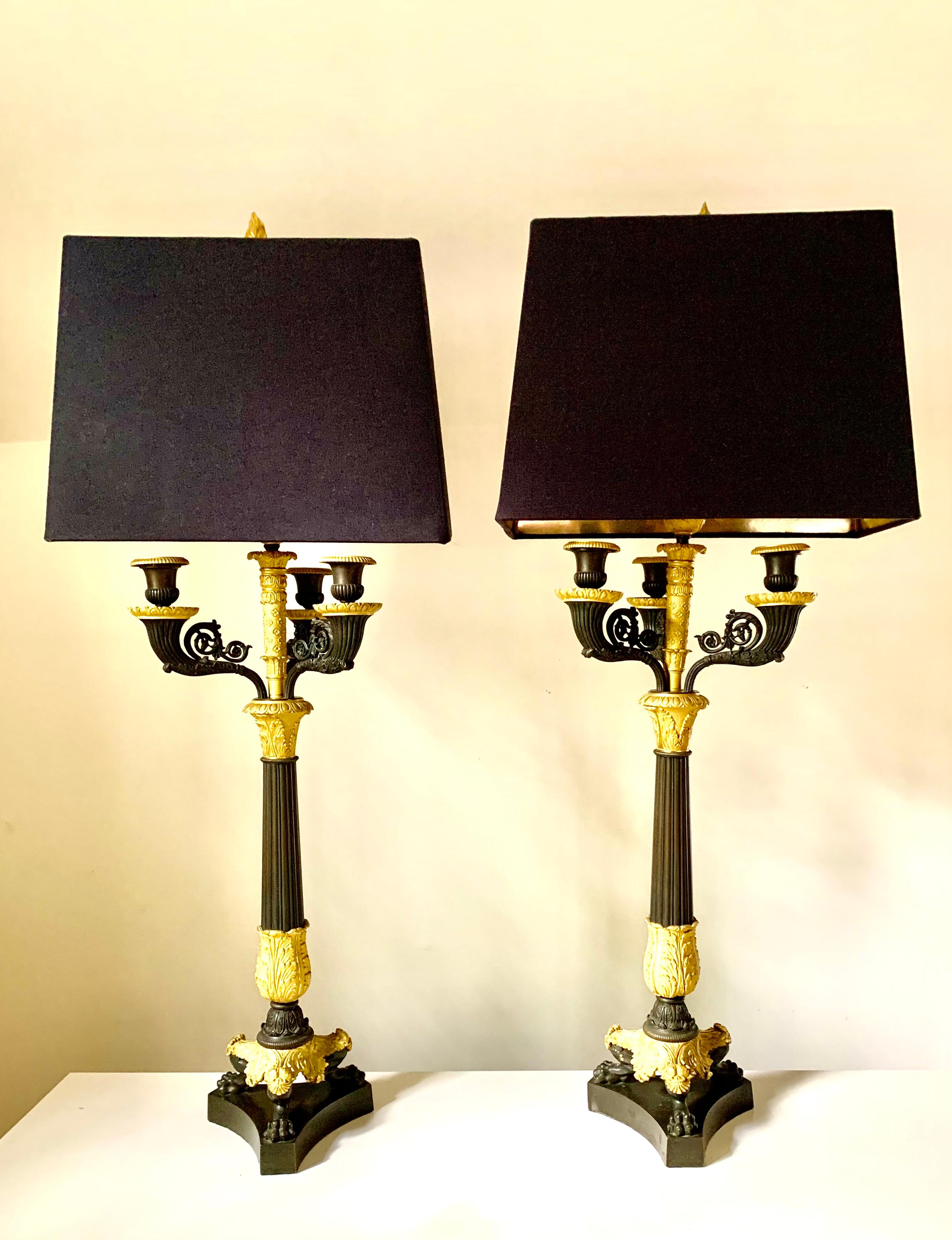 Pair Charles X Empire Period Gilt, Patinated Bronze Candelabra Lamps, circa 1830 For Sale 6